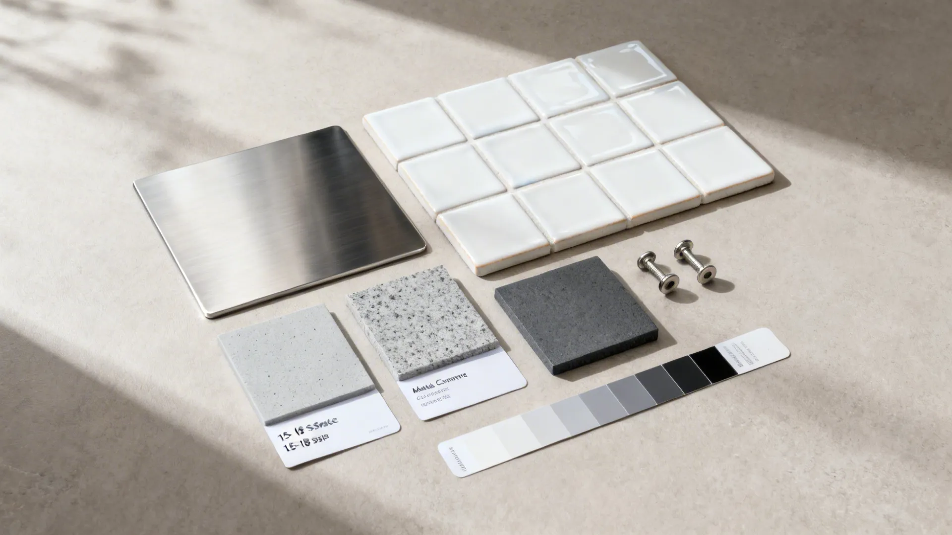 Kitchen material board showing stainless steel white tiles granite samples and a neutral color palette