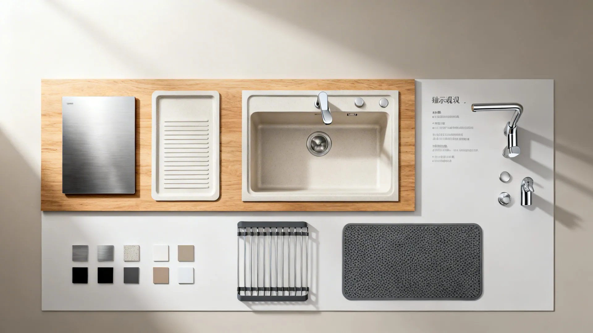 Flat lay of brushed stainless, composite swatches, drainboard sample, and over-sink rack.