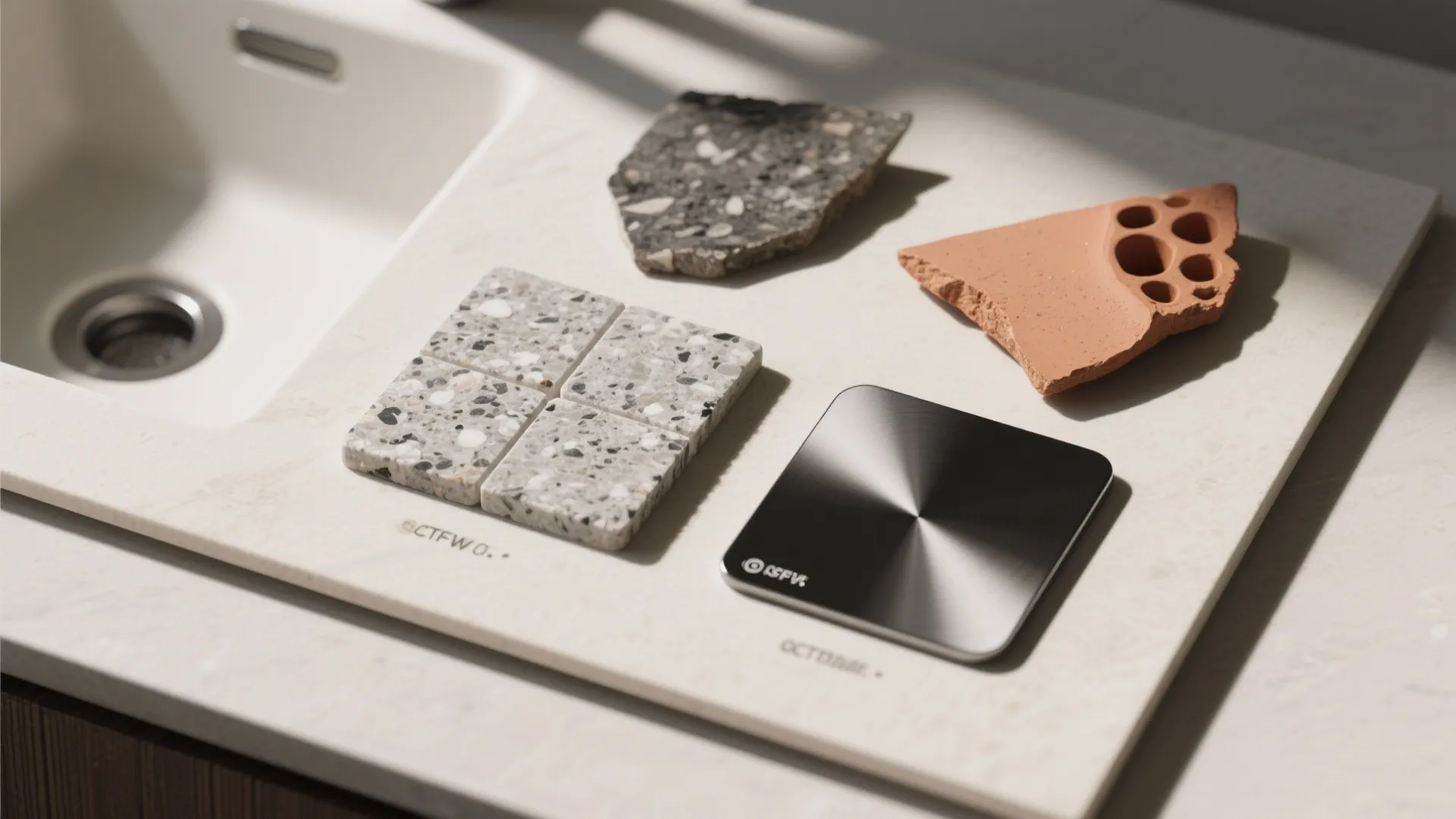 Material samples for black sinks: granite composite, fireclay, and black-coated stainless steel.