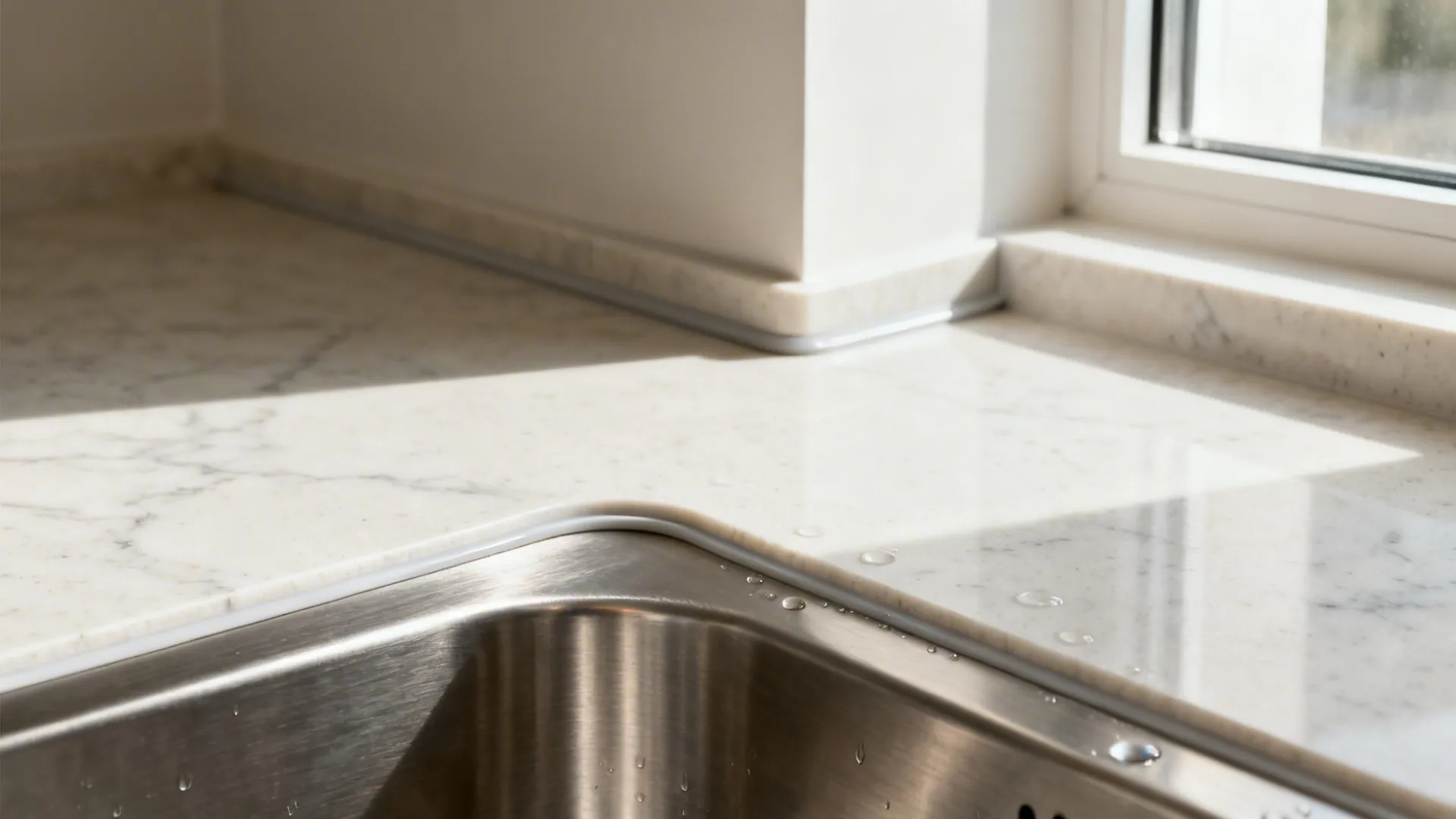 Macro of micro-radius stainless sink and quartz counter junction in daylight.