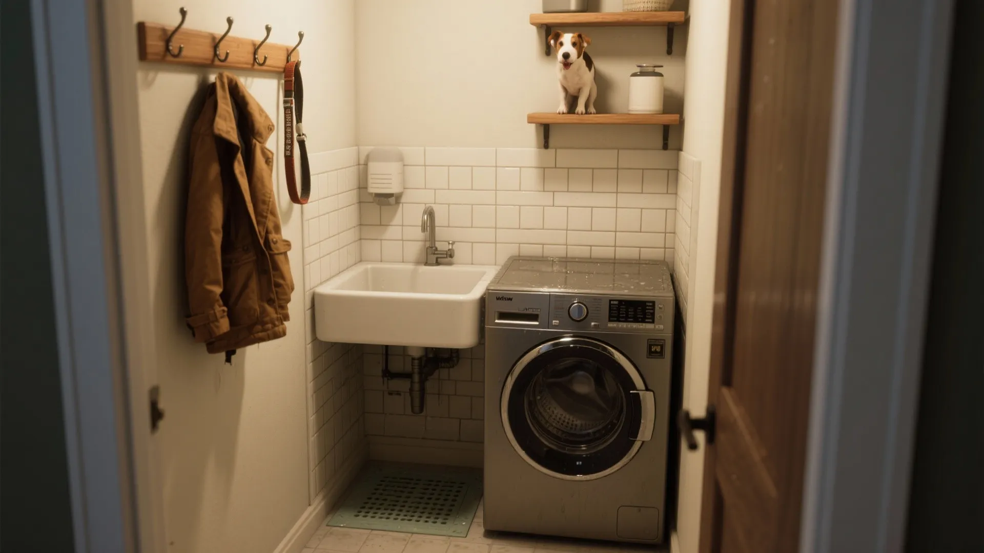 Small laundry room with silver washing machine white wall tiles utility sink and wooden wall hooks