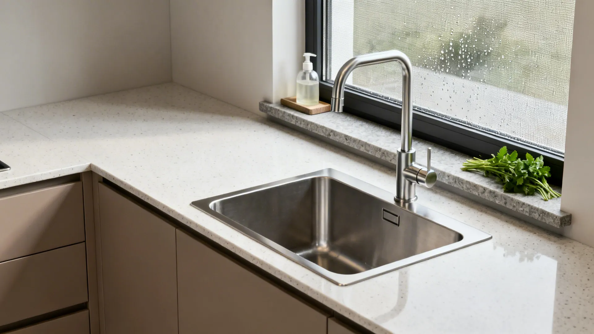 Sink strategy: side placement, ledge storage, and water discipline