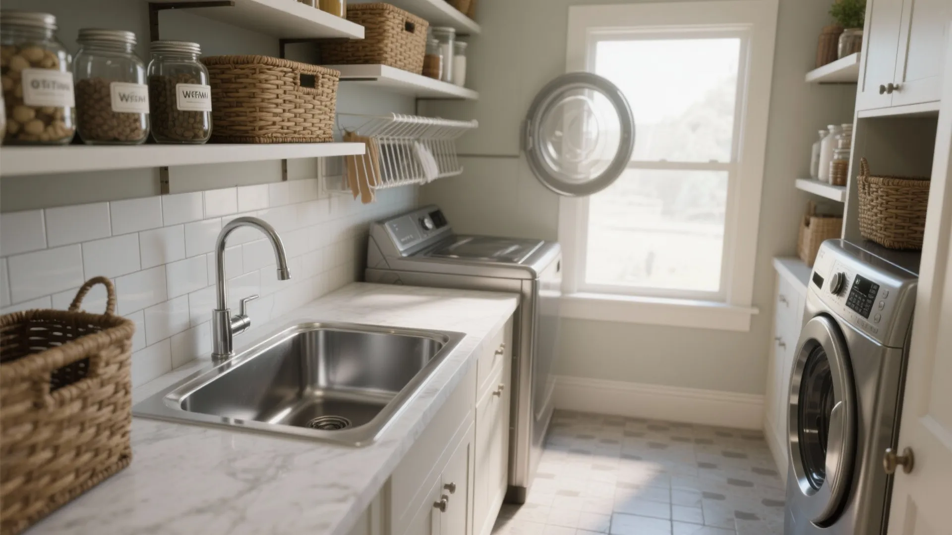 4. Shared utility sink and open shelving
