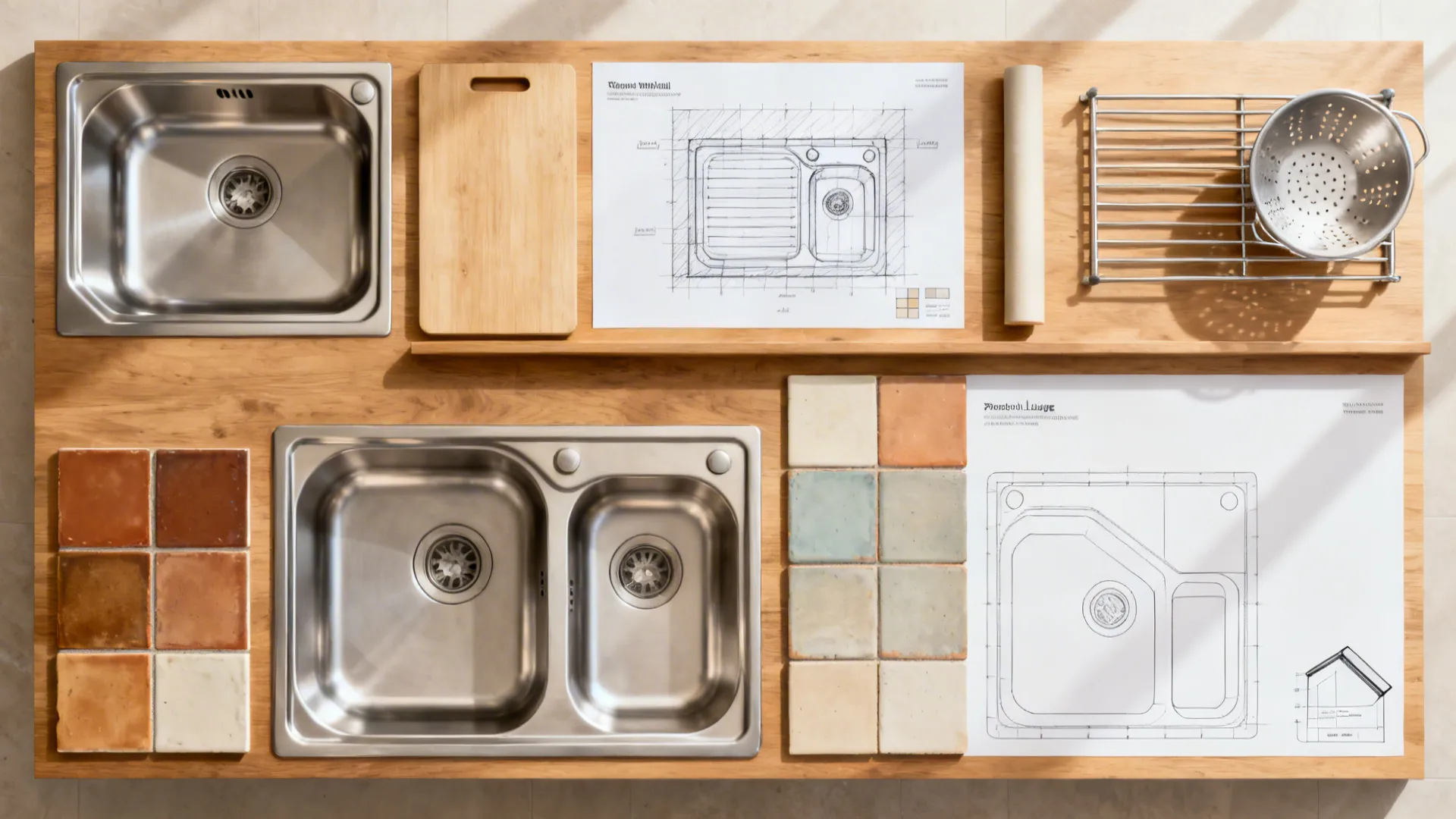 Flat lay of workstation tools, stainless sample, drainboard concept, fireclay tile, and corner template.