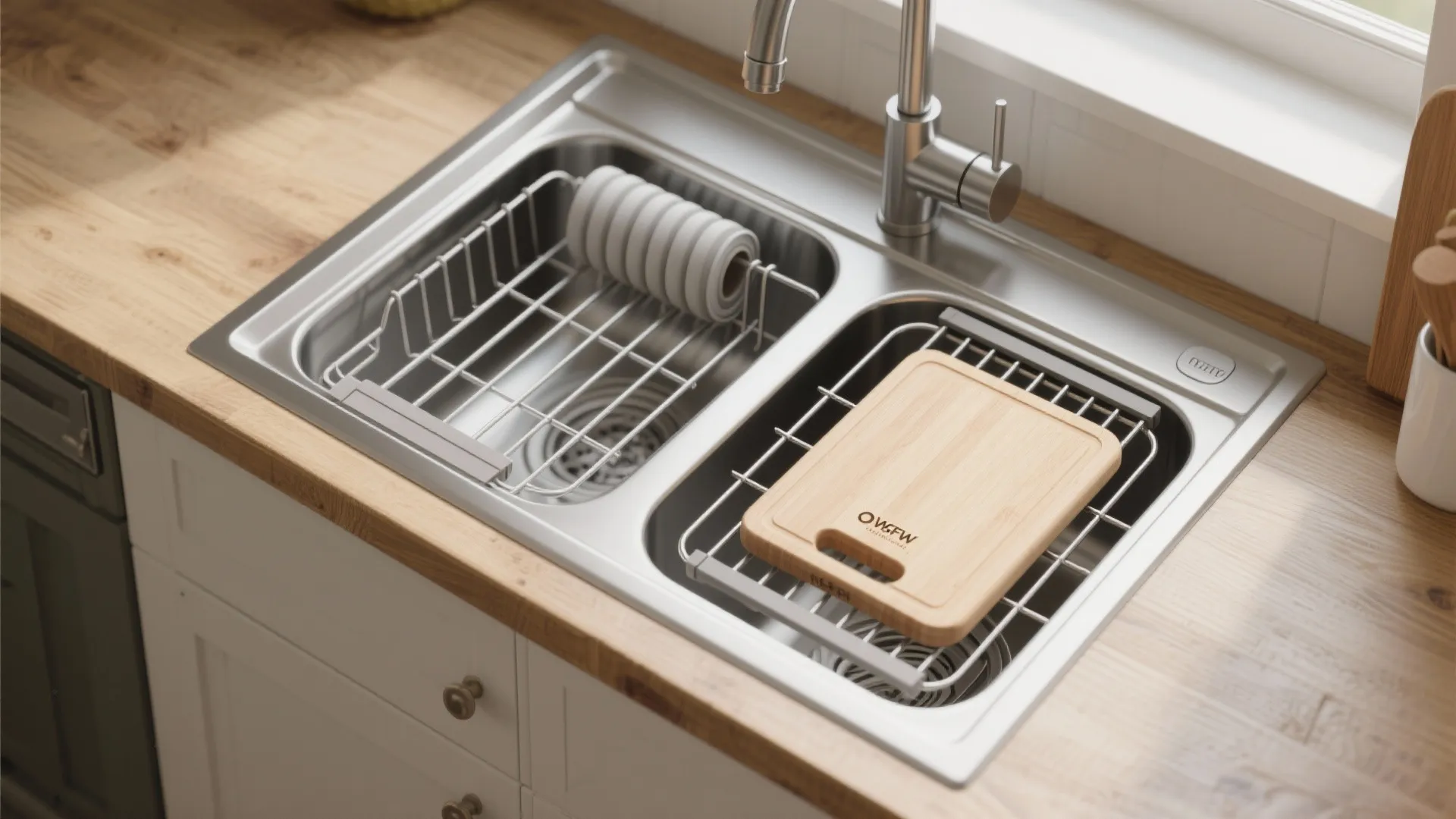 Top-down view of sliding sink grids, in-sink cutting board and roll-up drying rack arranged over a deep farmhouse sink.
