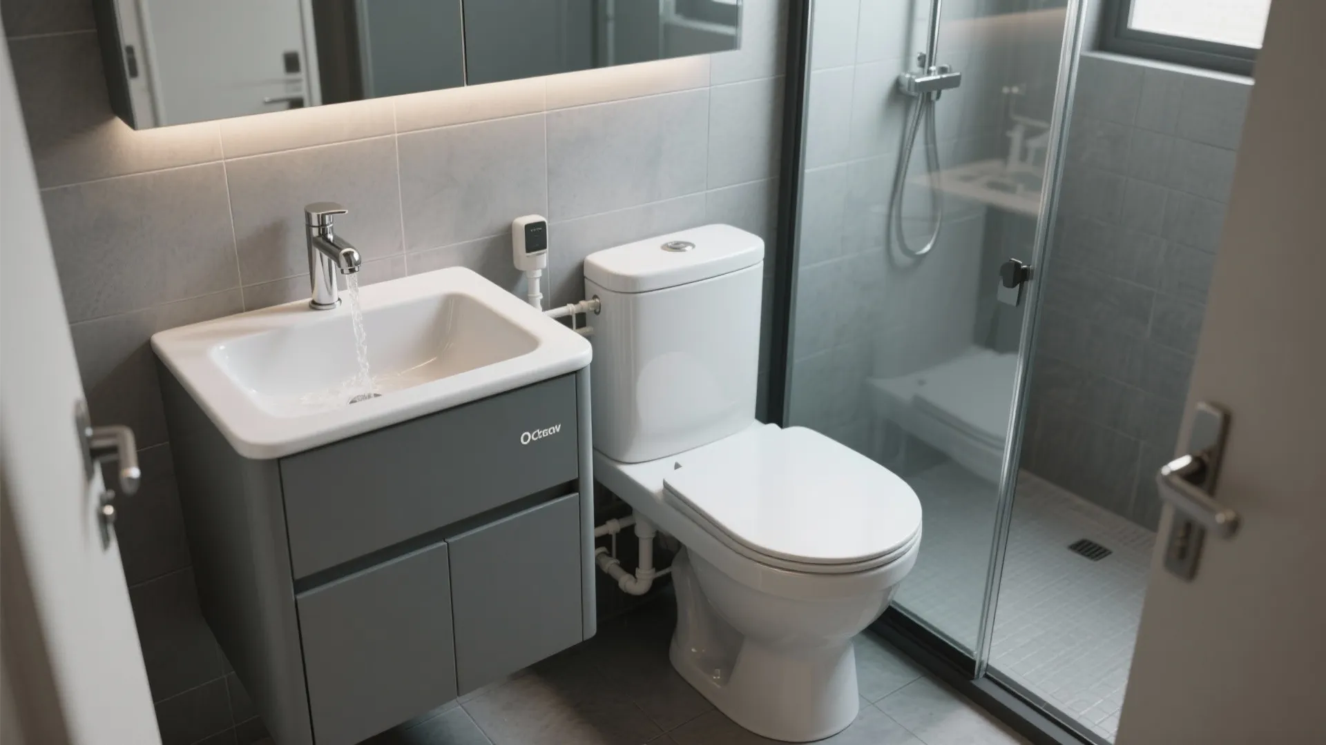 Small bathroom layout featuring a grey cabinet sink next to a toilet and glass shower