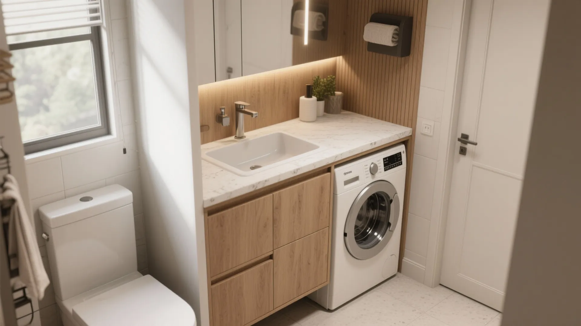 Small laundry area with white washing machine marble countertop bathroom sink wooden cabinets and white toilet