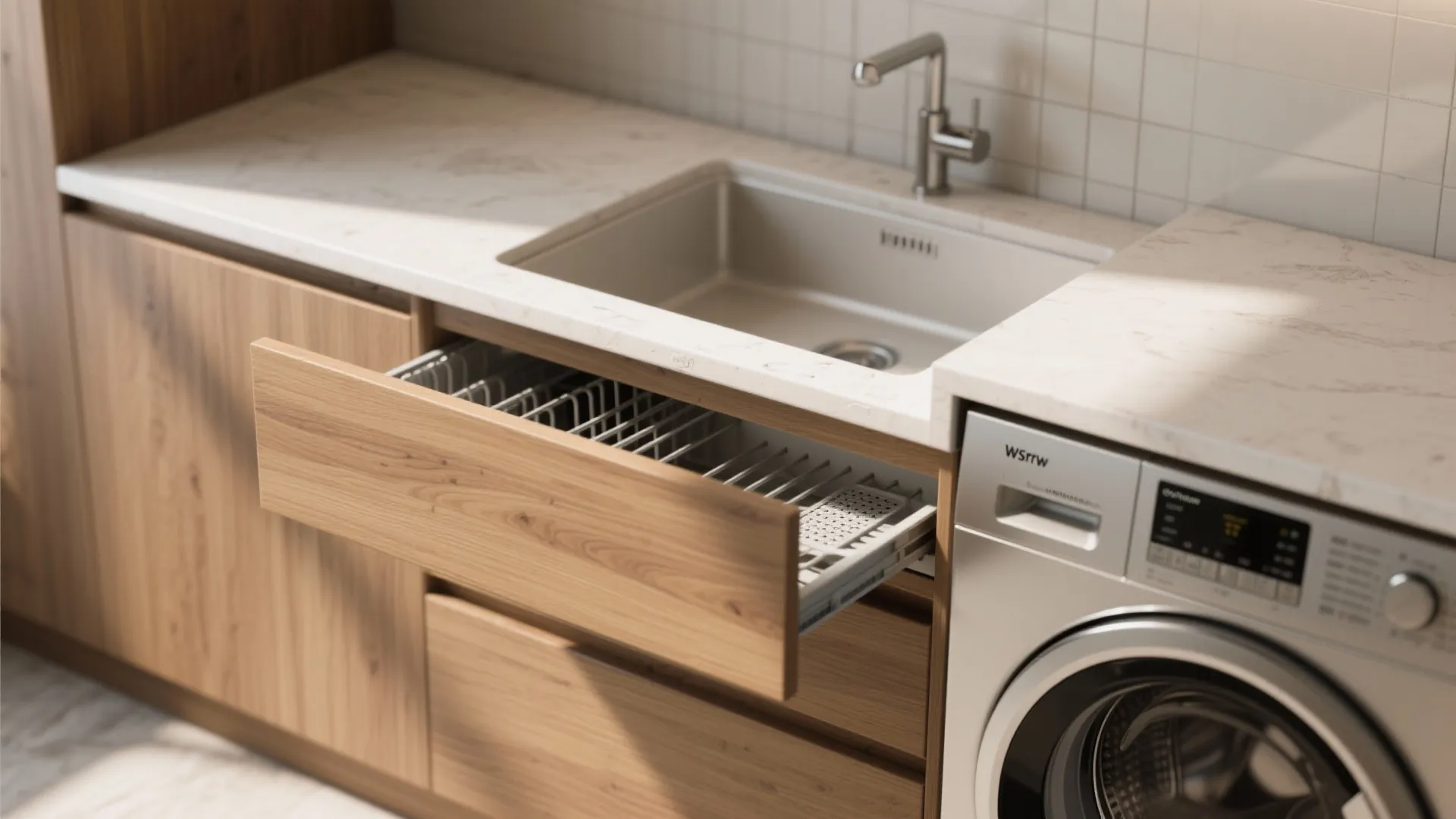 Kitchen counter with white sink wooden cabinet open drawer and washing machine under the marble surface