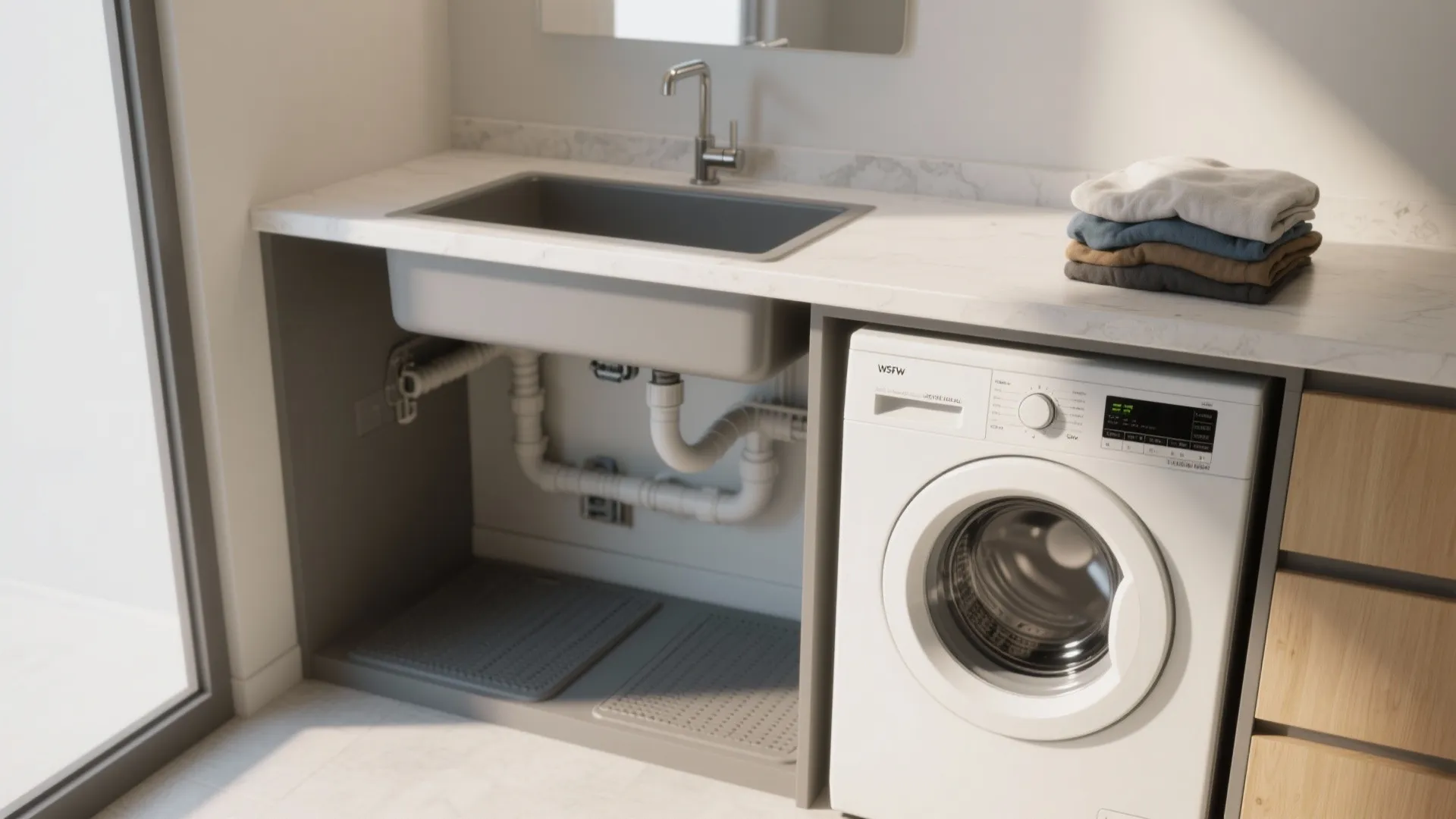 Modern laundry room featuring a grey sink integrated into white marble countertop above washing machine