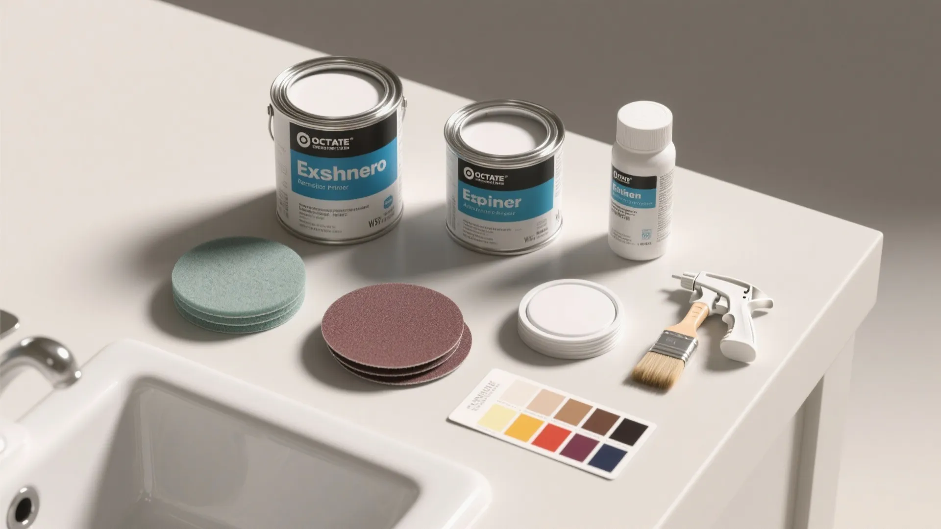 Paint cans sanding discs brush and color palette displayed on a white kitchen counter surface