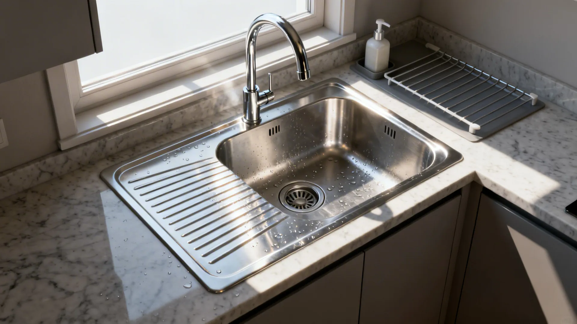 Realistic perspective of a modern sink corner with a graceful faucet and tapered drain grooves in soft window light.