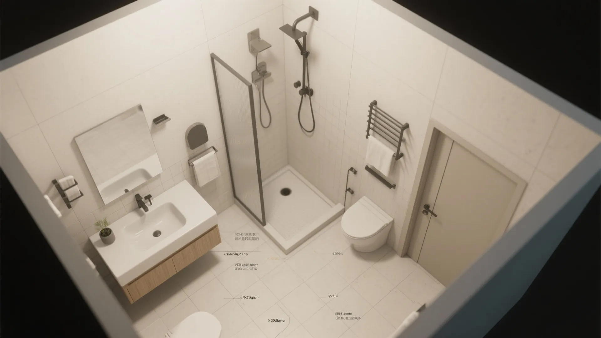 Modern bathroom interior design drawing showing sink shower toilet and floor plan layout with labels
