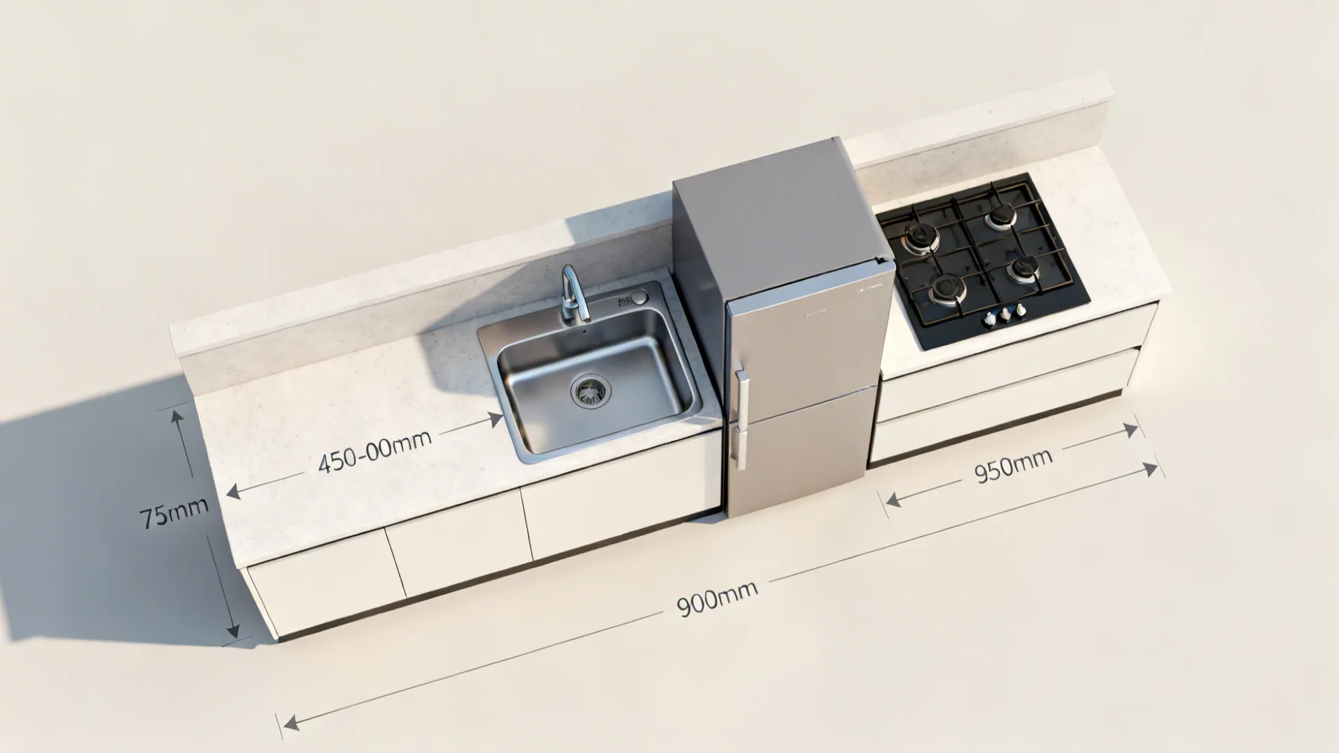 Top-down layout showing sink between fridge and hob with clear counter space and backsplash lip.