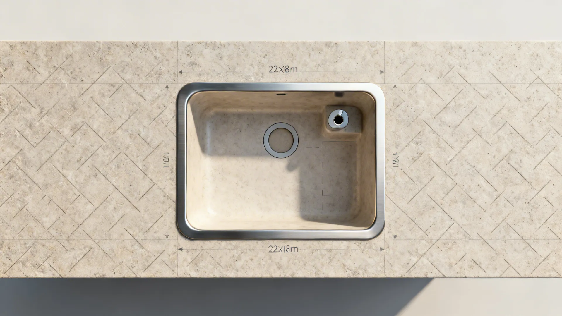Top-down plan view of a minimalist sink cutout with rim, bowl, drain, and faucet hole on a light stone counter.