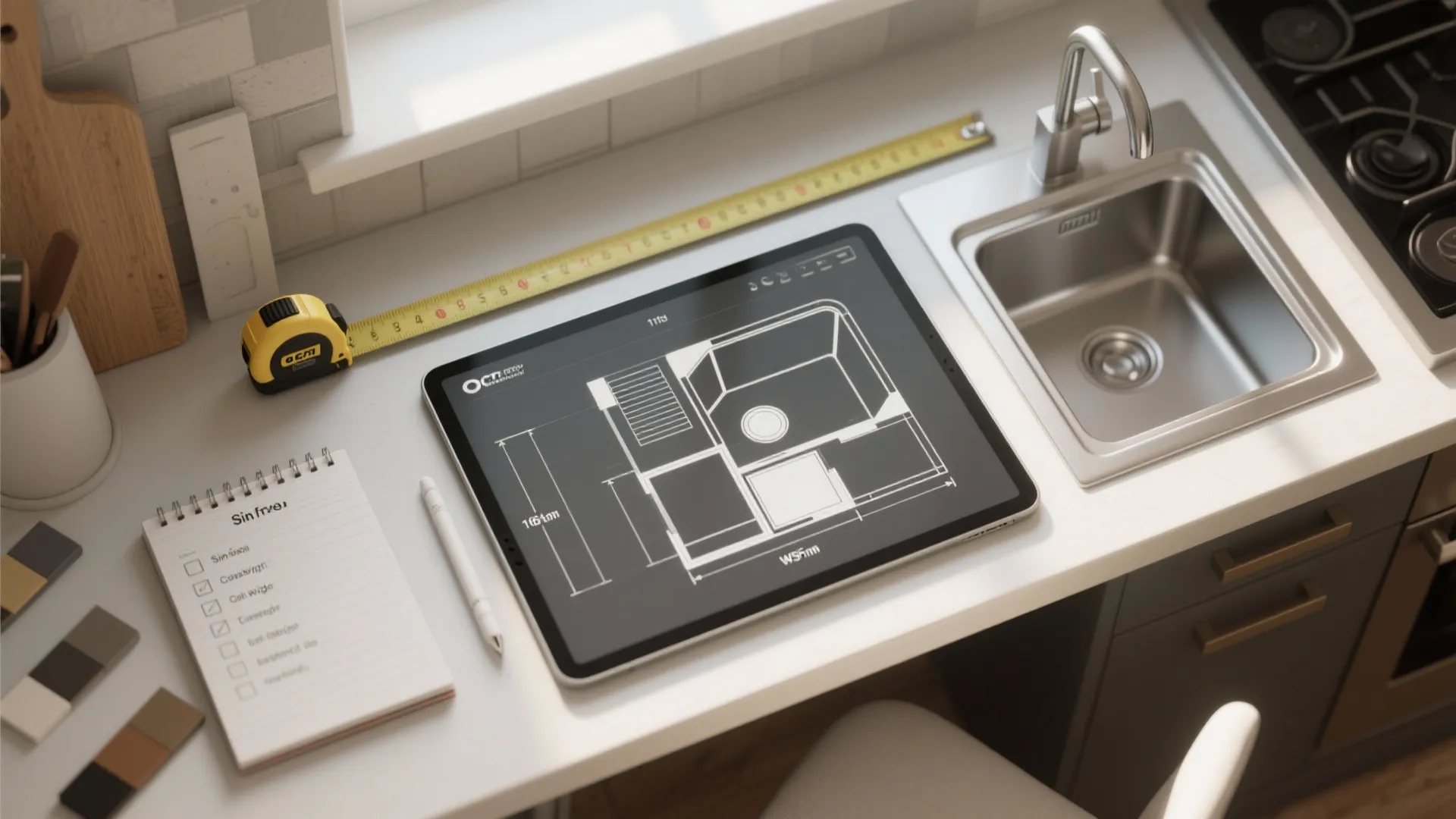 Interior design drawing on a tablet with measuring tape and notebook on a kitchen counter