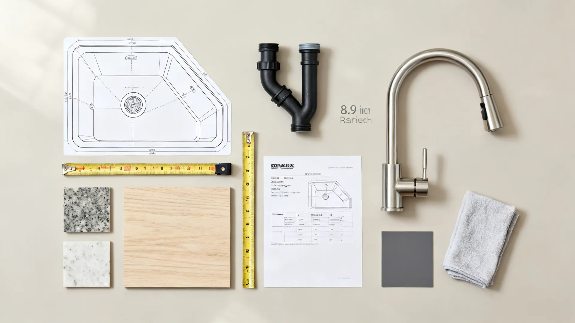 Top-down flat lay of corner sink template, faucet spec, plumbing parts, and material samples.