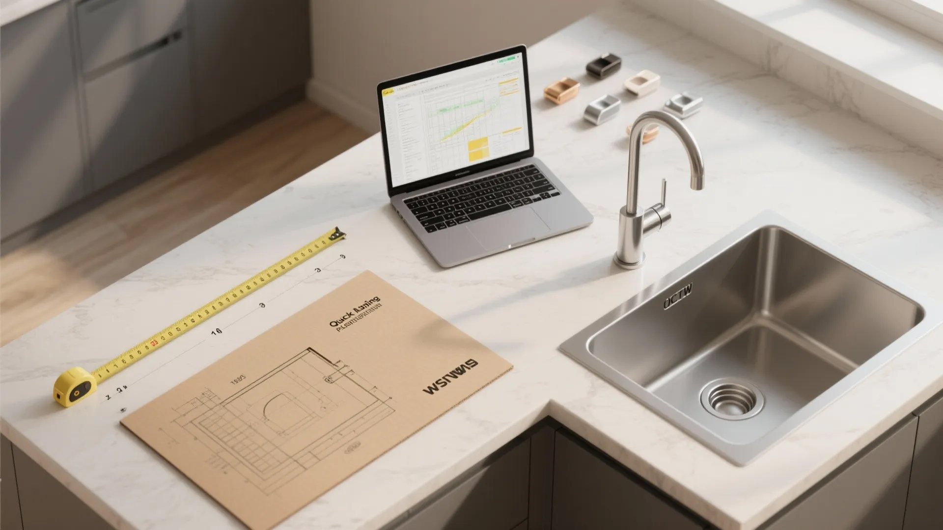 Top-down montage of measuring, sink template, and 3D planner for sizing a drop-in sink.