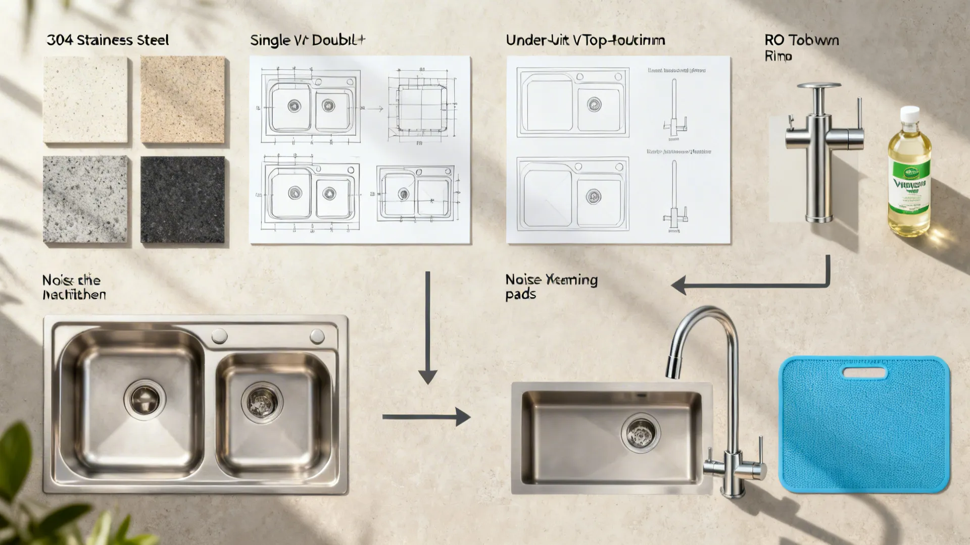 Top-down layout of sink materials, layout options, faucet types, and maintenance items for an Indian kitchen.