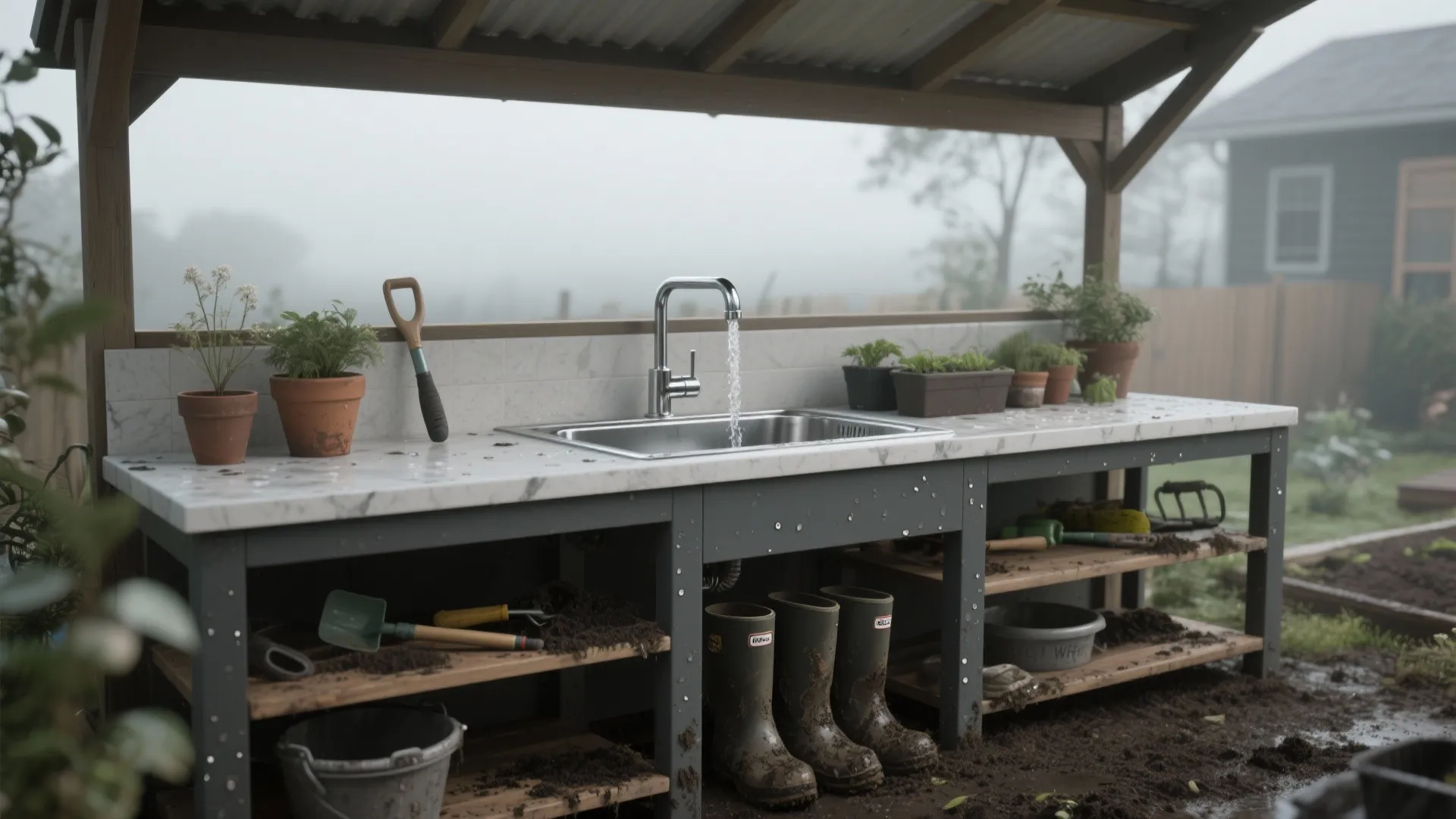 Outdoor gardening station with a metal sink running water potted plants and dirty garden boots