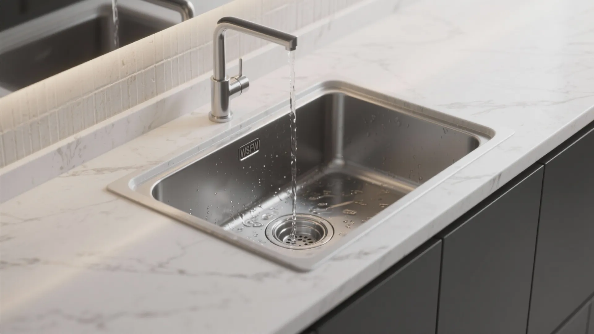 Modern stainless steel kitchen sink on white marble countertop with water flowing from metal faucet
