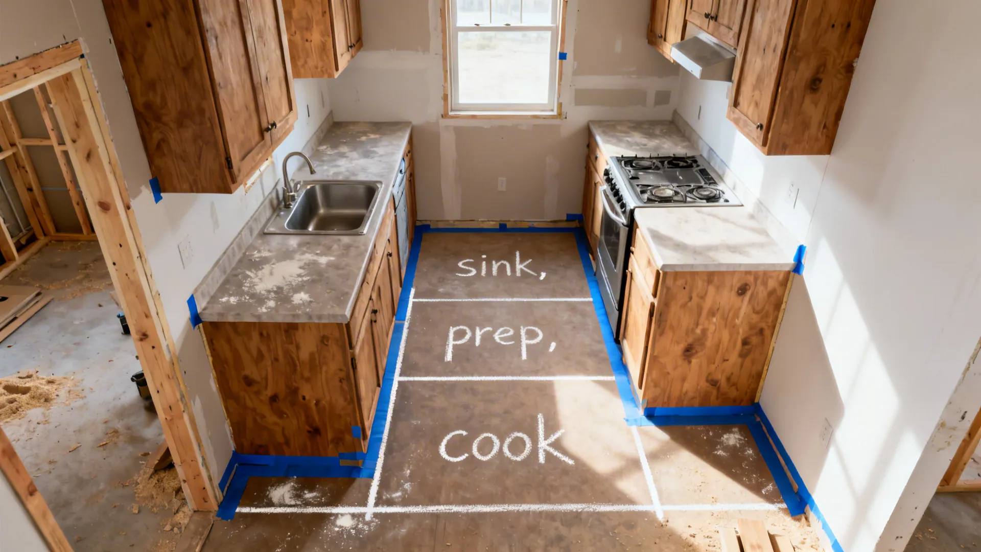 Galley kitchen under construction with taped cabinet widths and chalked sink–prep–cook zones.
