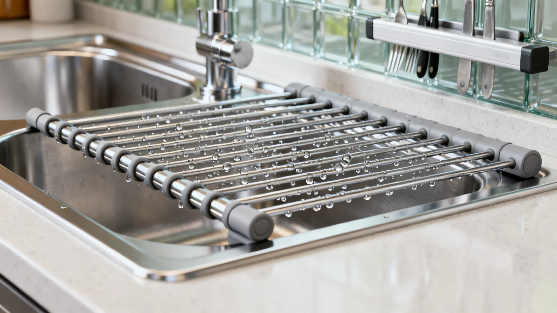 Close-up of a roll-up drying rack on a stainless sink with a clean glass backsplash behind.