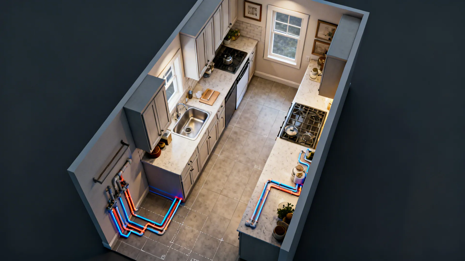 Overhead view comparing existing sink location and possible relocation with highlighted plumbing paths