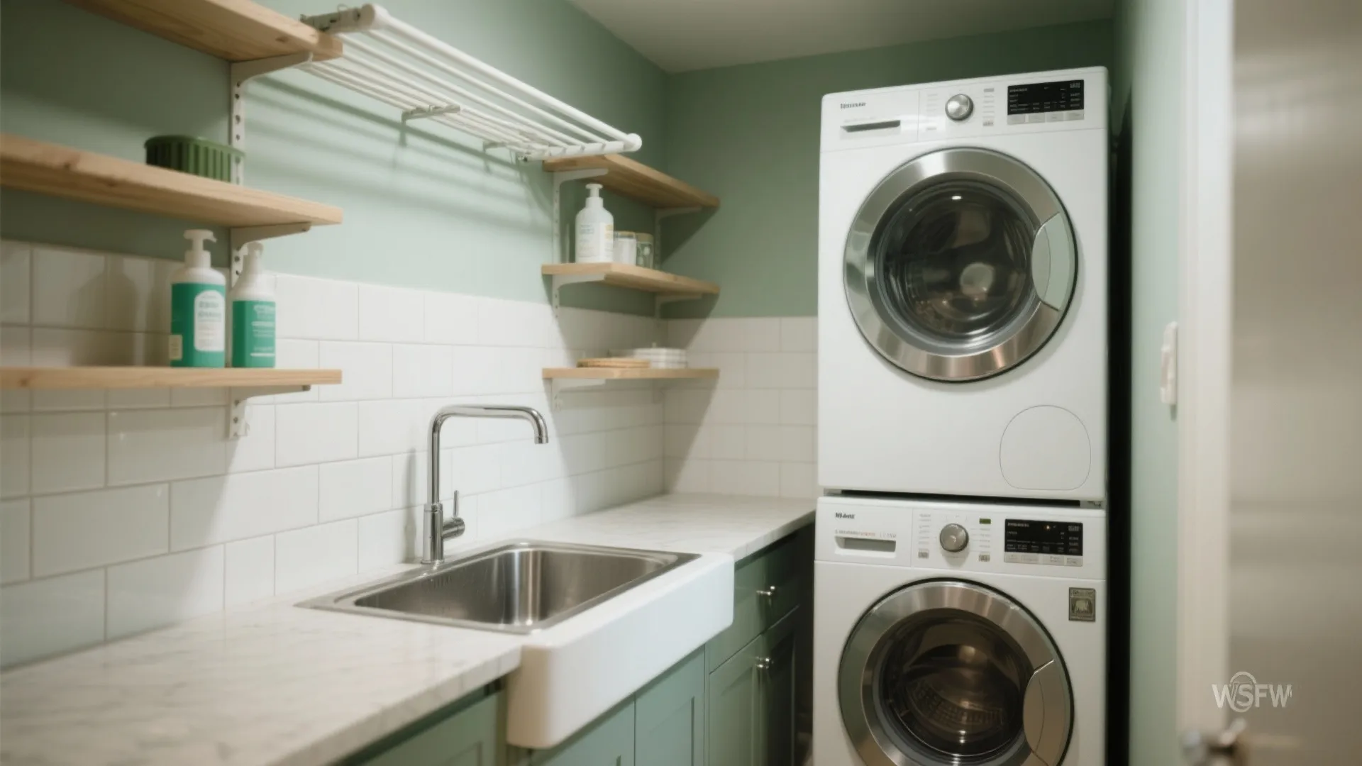 3. Sink + shelving run next to the stack