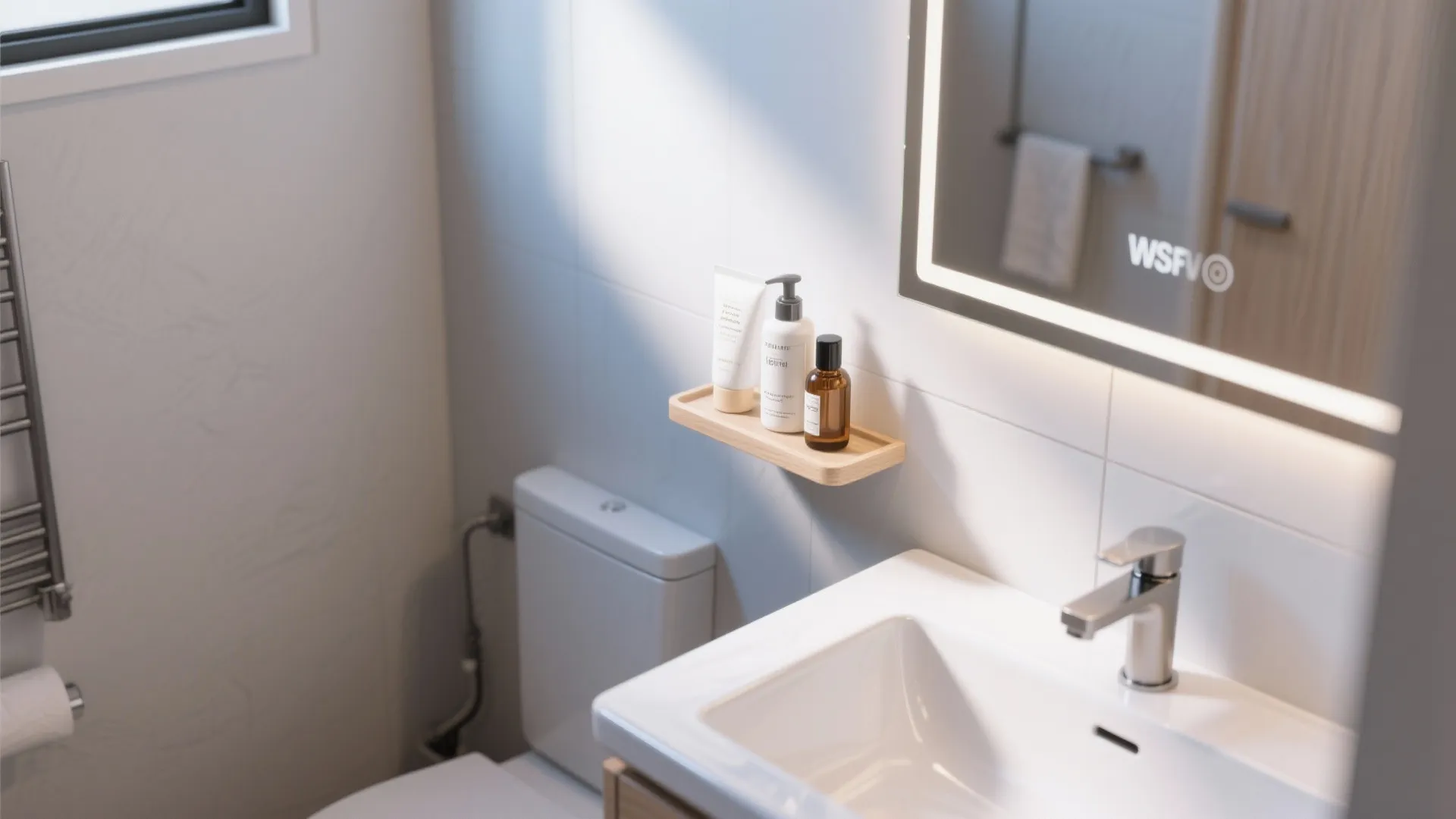 Small wooden shelf attached to a white tiled wall next to a bathroom sink cabinet