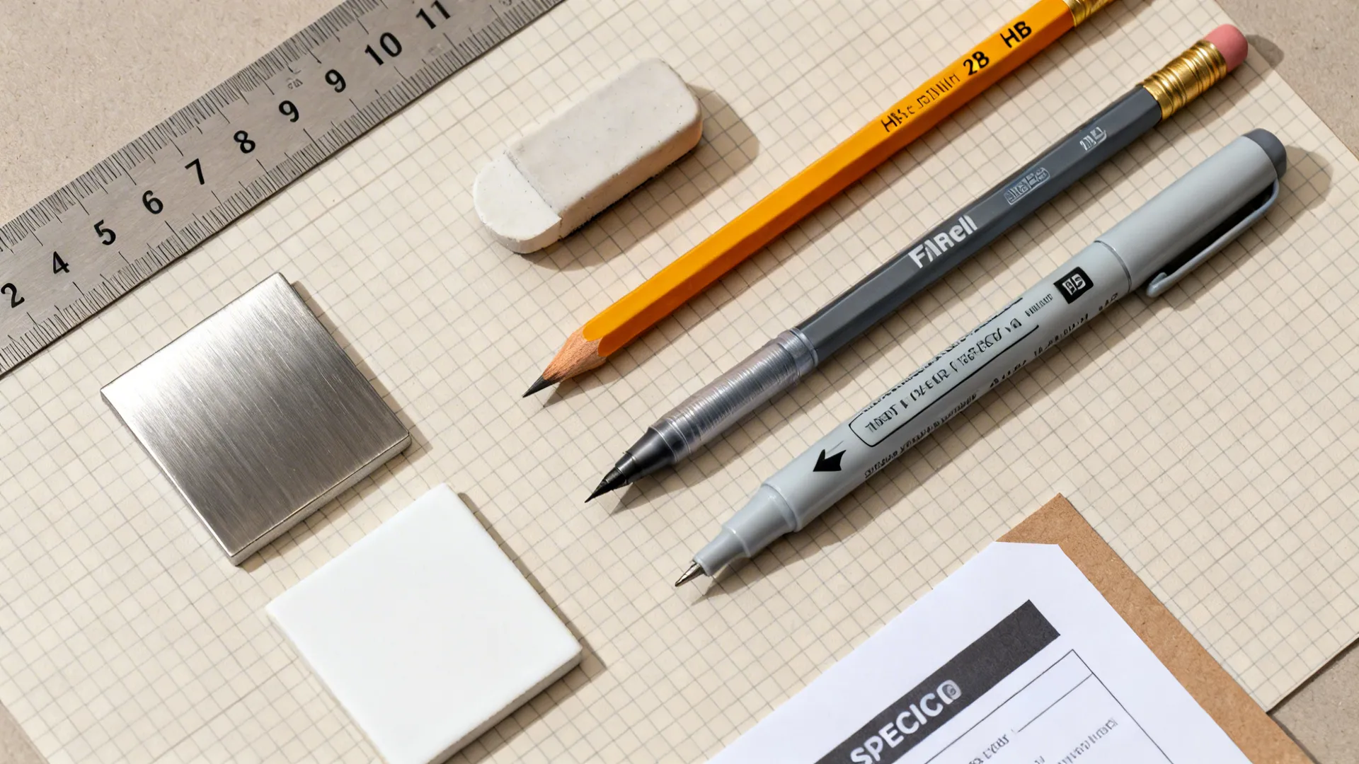 Flat-lay of sink sketch tools with pencils, grid underlay, markers, and stainless and fireclay finish samples.