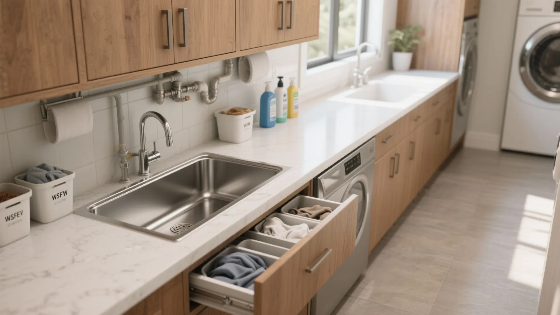 Laundry room counter with stainless steel sink wooden cabinets and open drawer for sorting clothes