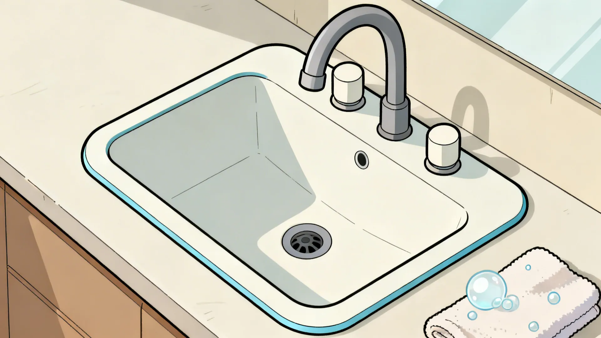 Top-down step sequence showing rounded basin, inner rim, faucet arc, and simple details.