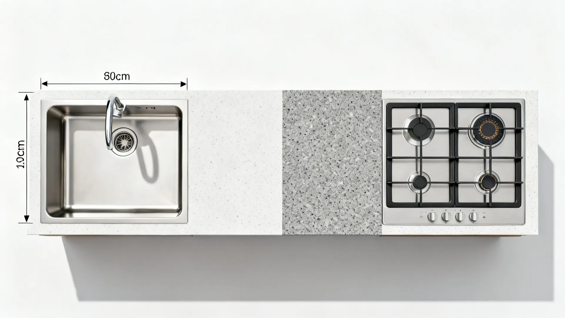 Top-down layout showing a 60 cm buffer zone between sink and stove.