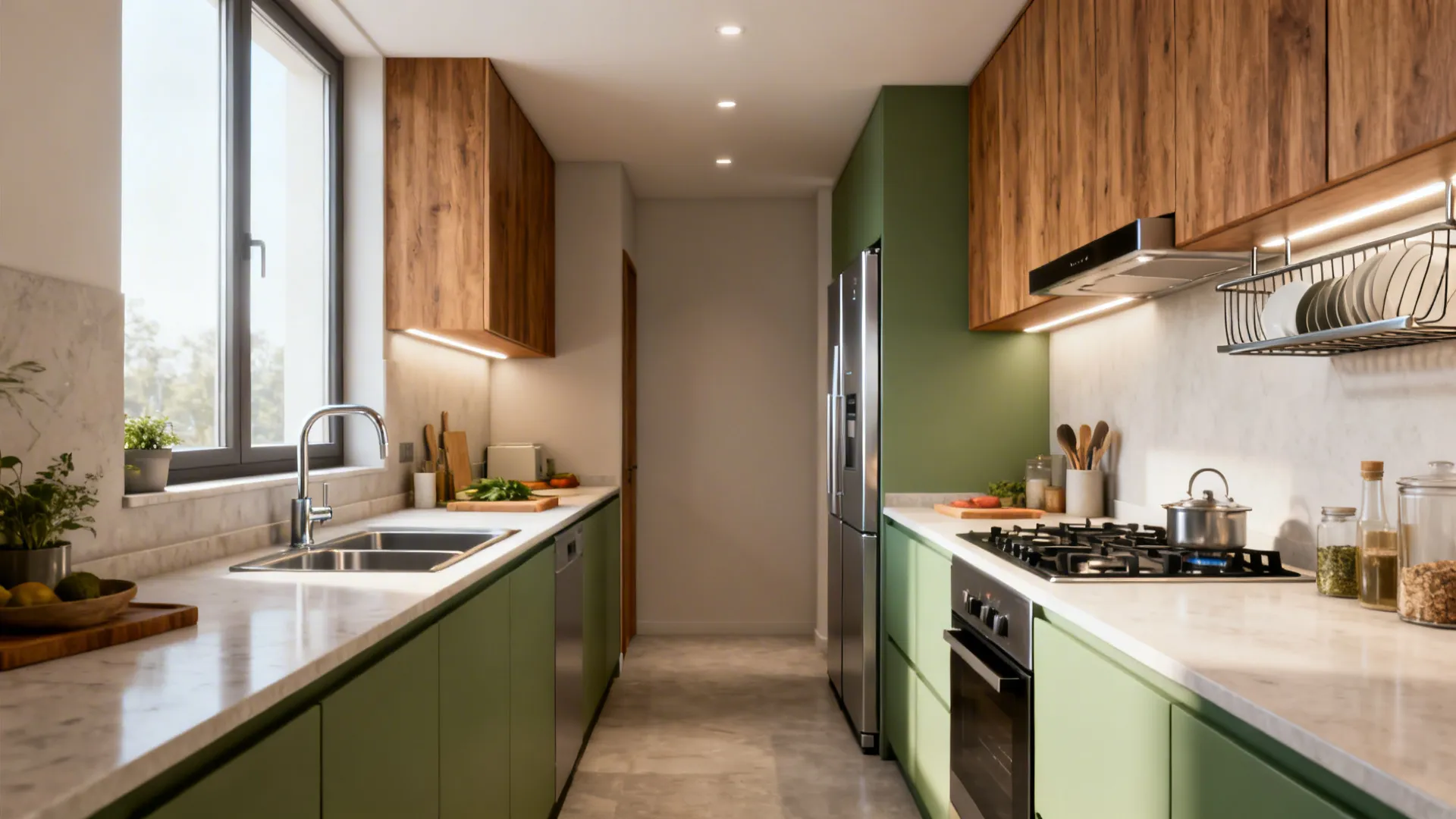 Slim galley kitchen with 60–90 cm buffer between sink and stove and a tight work triangle.