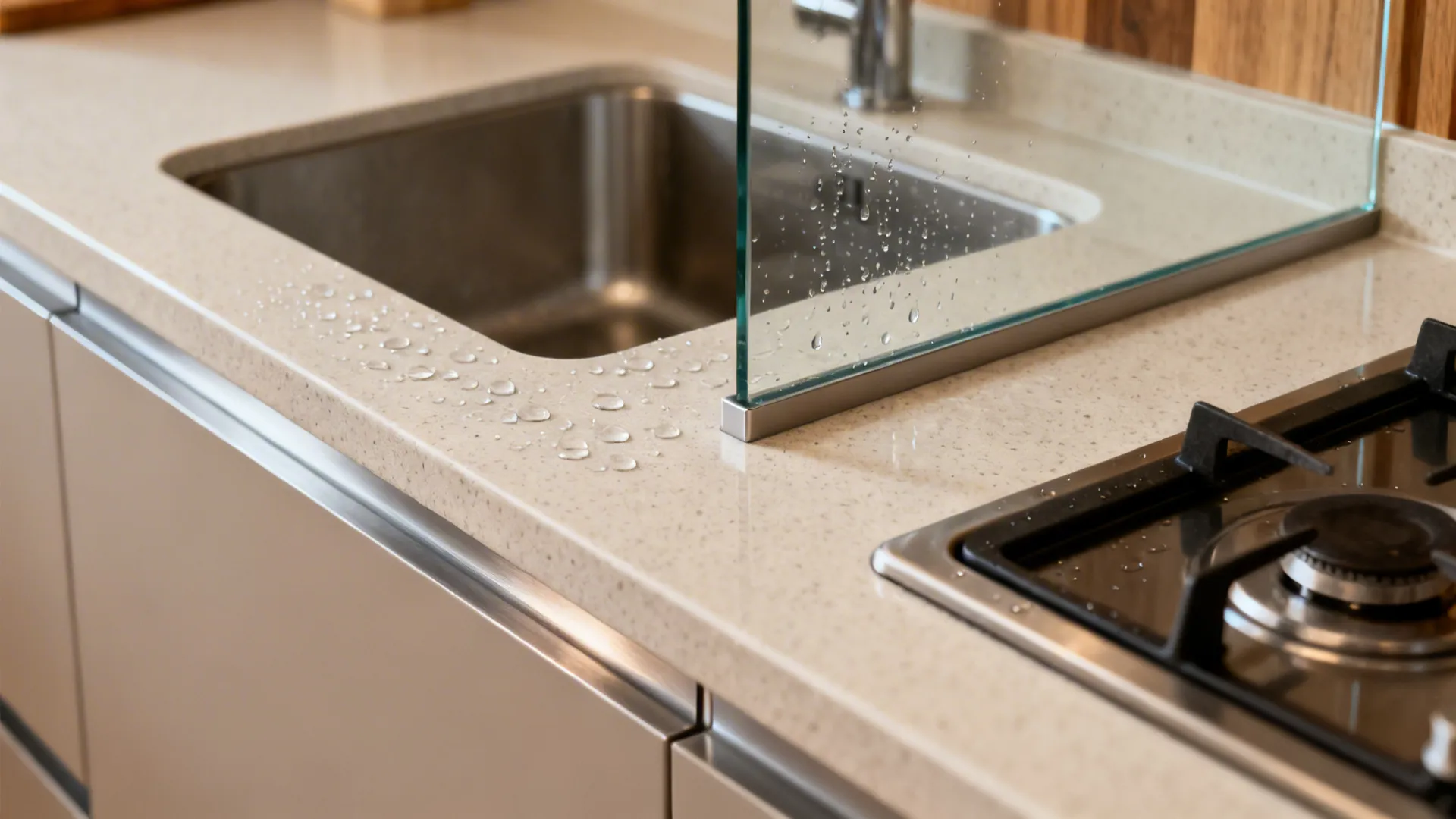 Macro of tempered glass divider and small riser separating sink and cooktop zones.