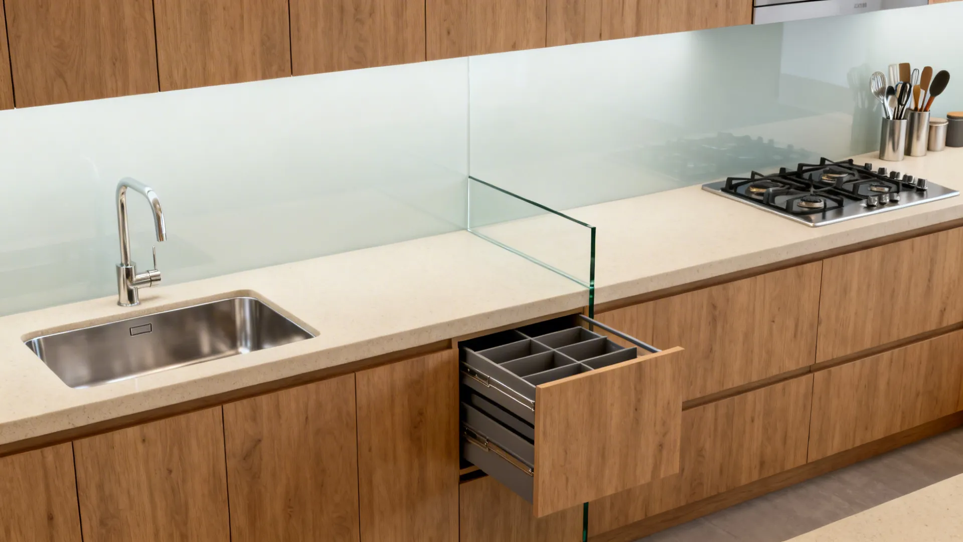 1) Minimalist Sink Zone with Clear Water–Fire Separation