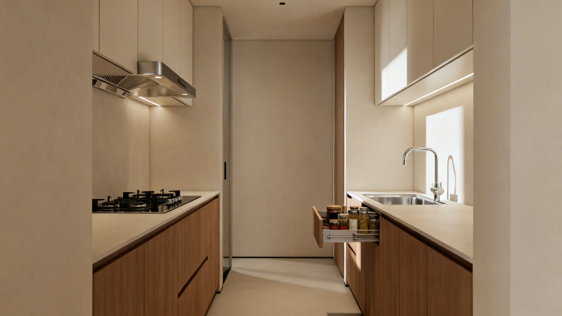 Narrow kitchen design showing gas stove and sink with an open spice jar drawer cabinet