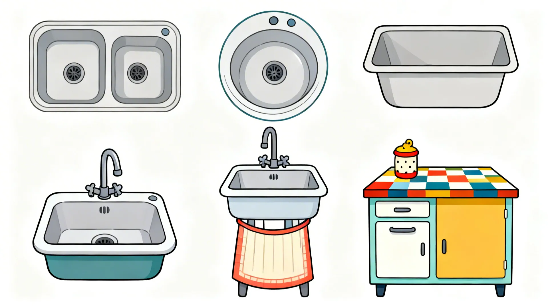 Wide editorial lineup showing five cartoon sink styles with consistent line hierarchy in soft daylight.