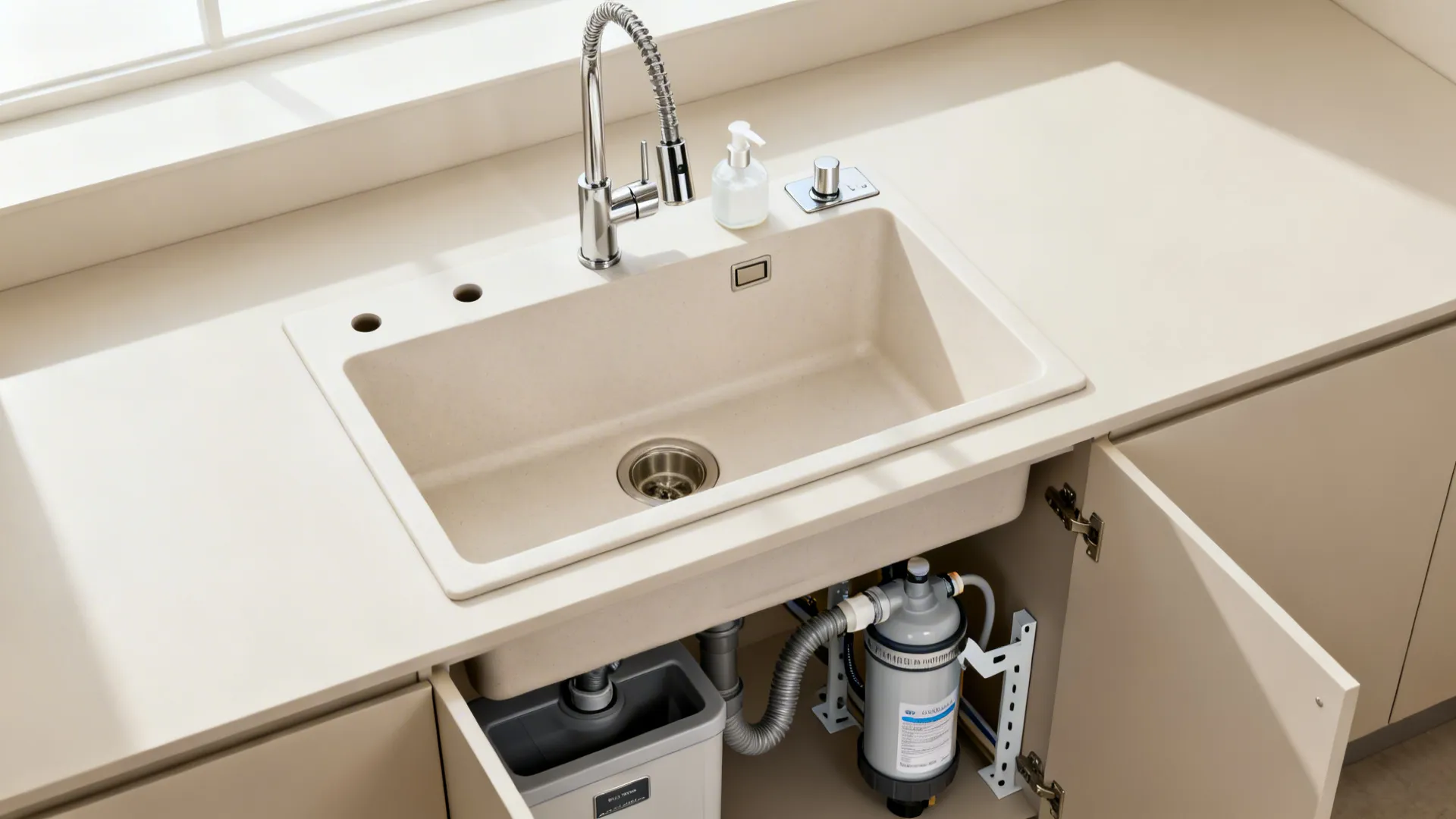 Top-down view of a sink deck with pull-down faucet, air switch, soap dispenser, and compact under-sink tech.