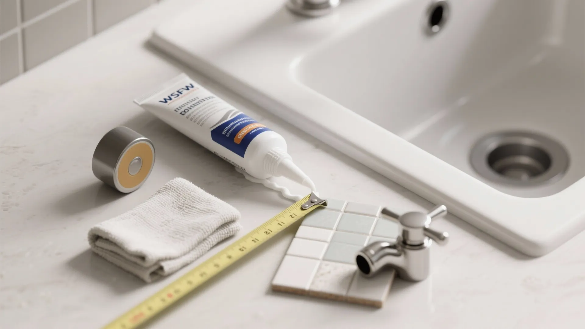 Close-up of silicone sealant, measuring tape, and faucet sample illustrating sink installation and maintenance tips.