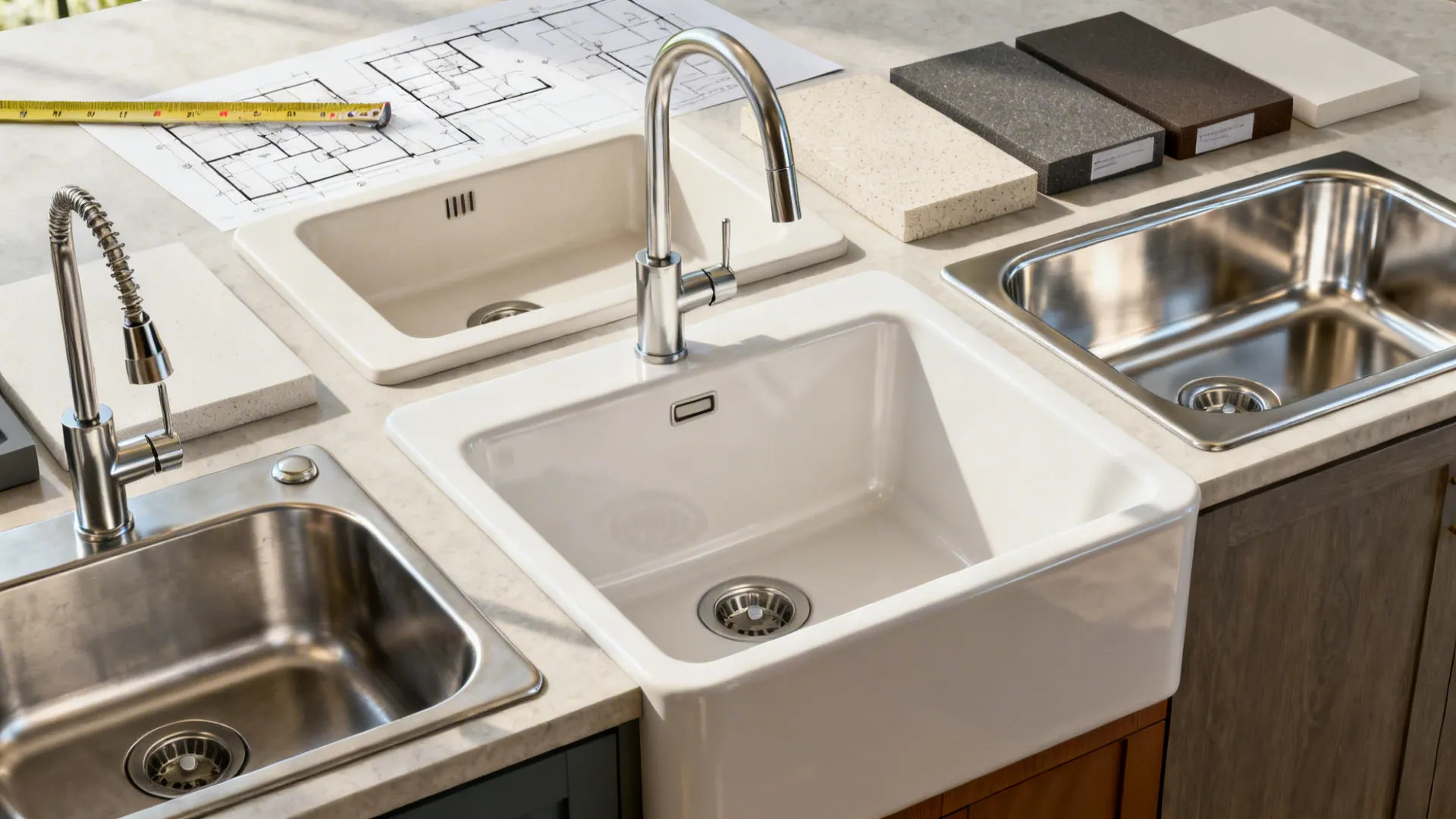 Array of sink types and faucet options with measurement tools and layout sketch.