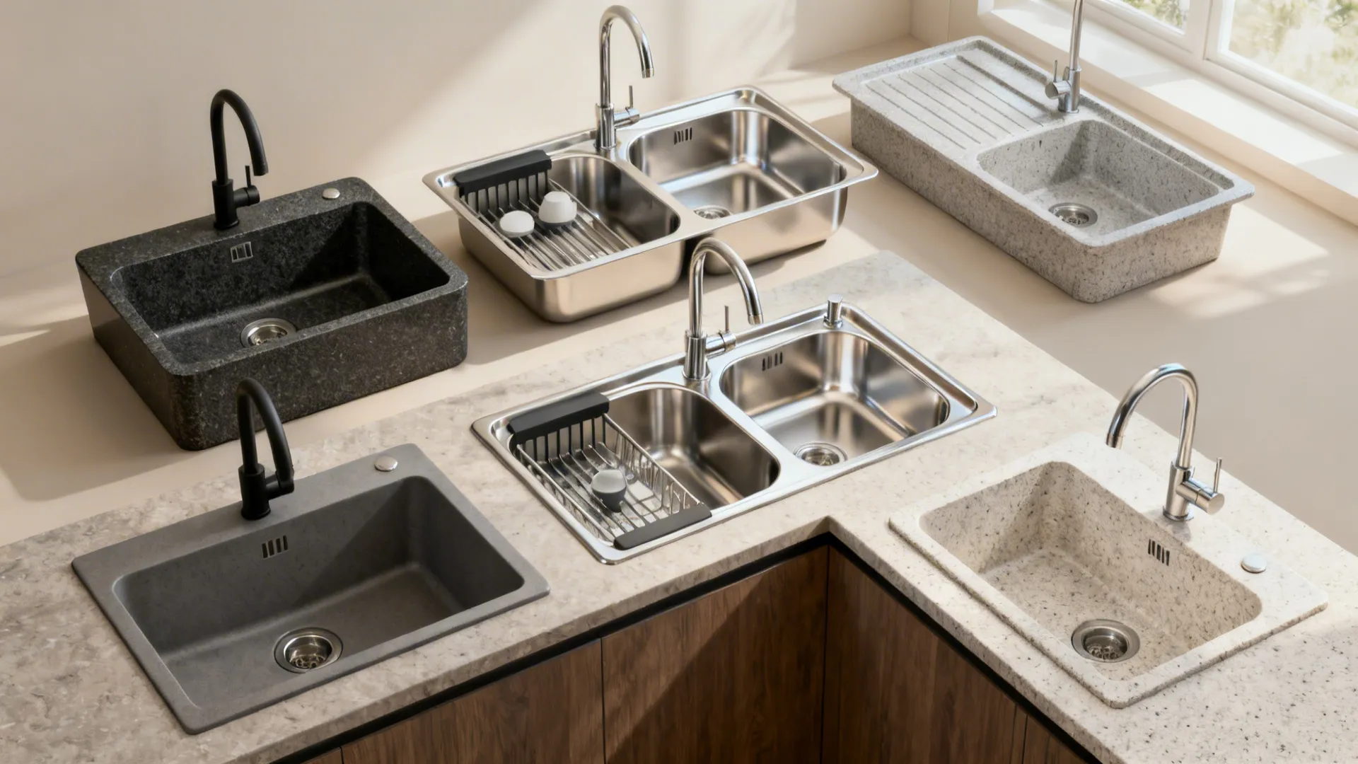 Showcase of five kitchen sink types: granite single, stainless double, workstation, quartz undermount, and corner.