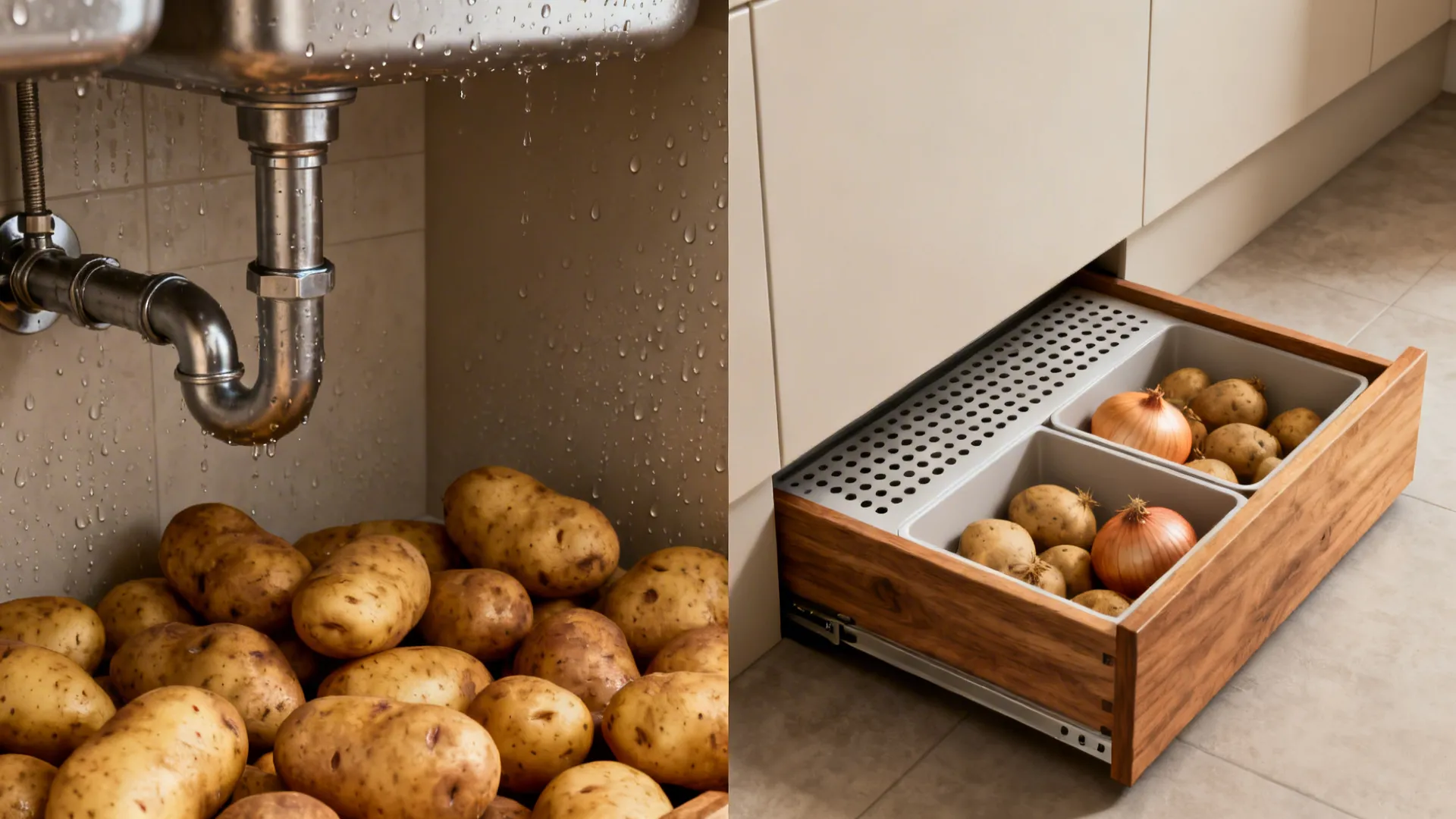Before-and-after comparing under-sink storage with a humid environment versus a ventilated toe-kick drawer for produce.