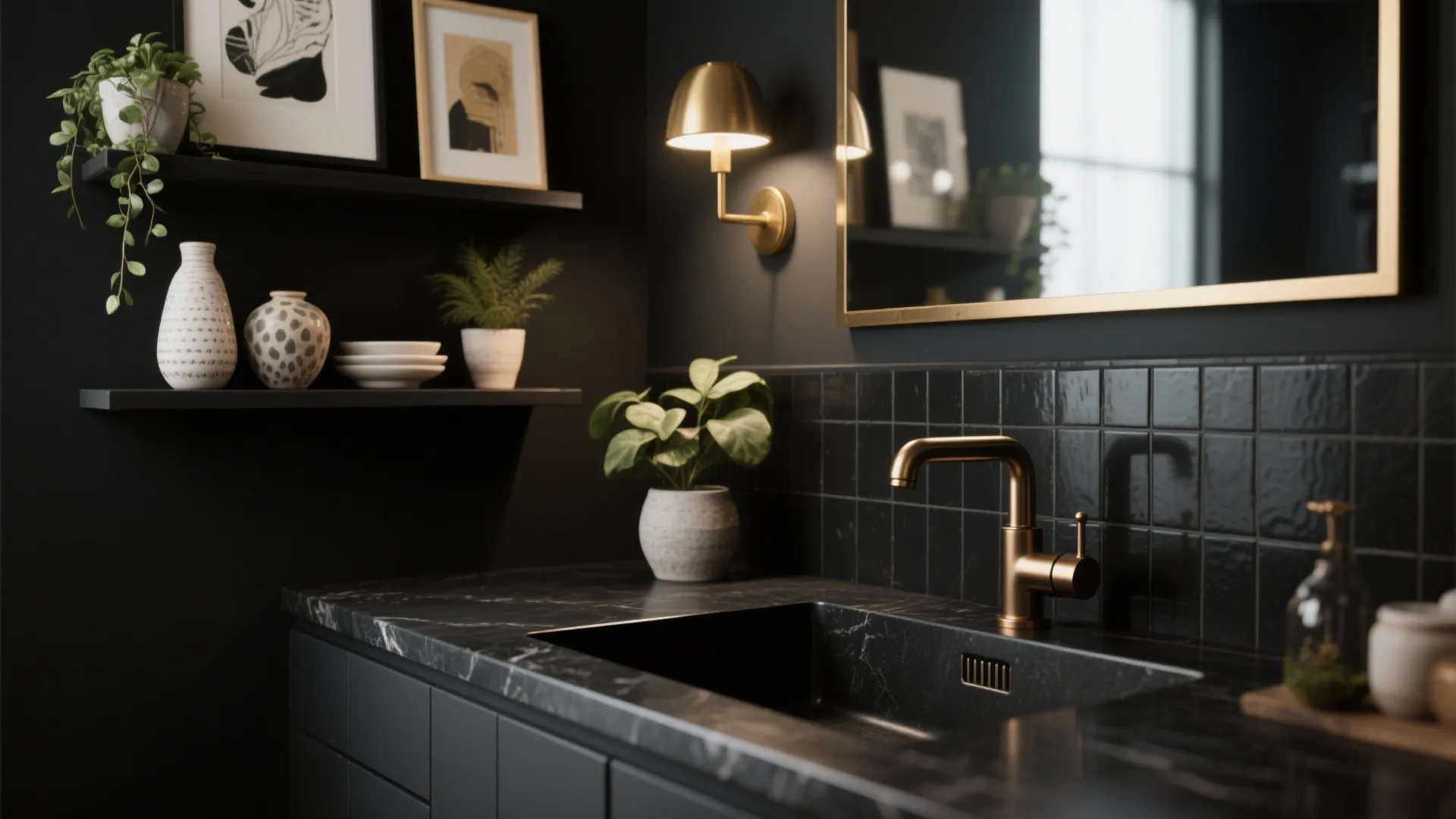 5. Statement sink wall: Black counters with bold faucets and open shelving