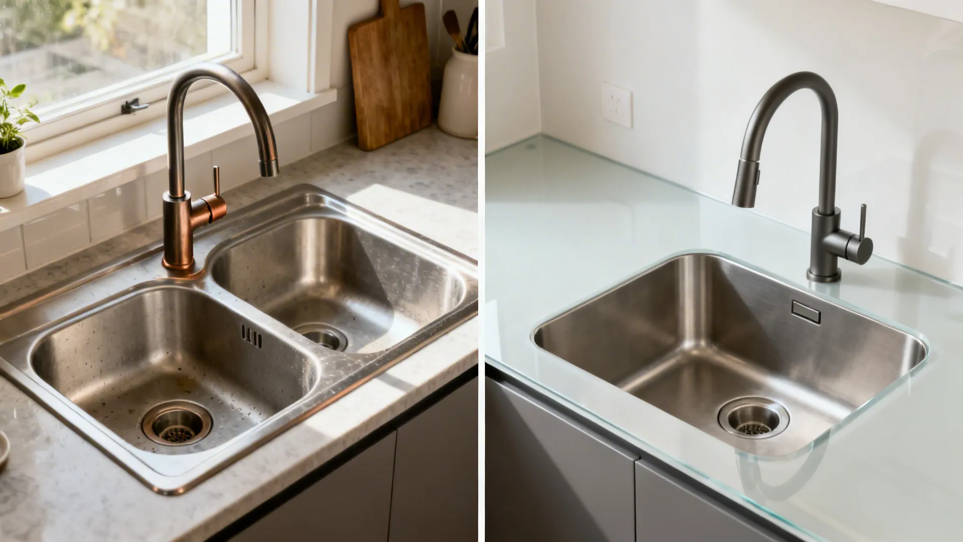 Before and after comparison of an old double sink versus a modern single bowl sink