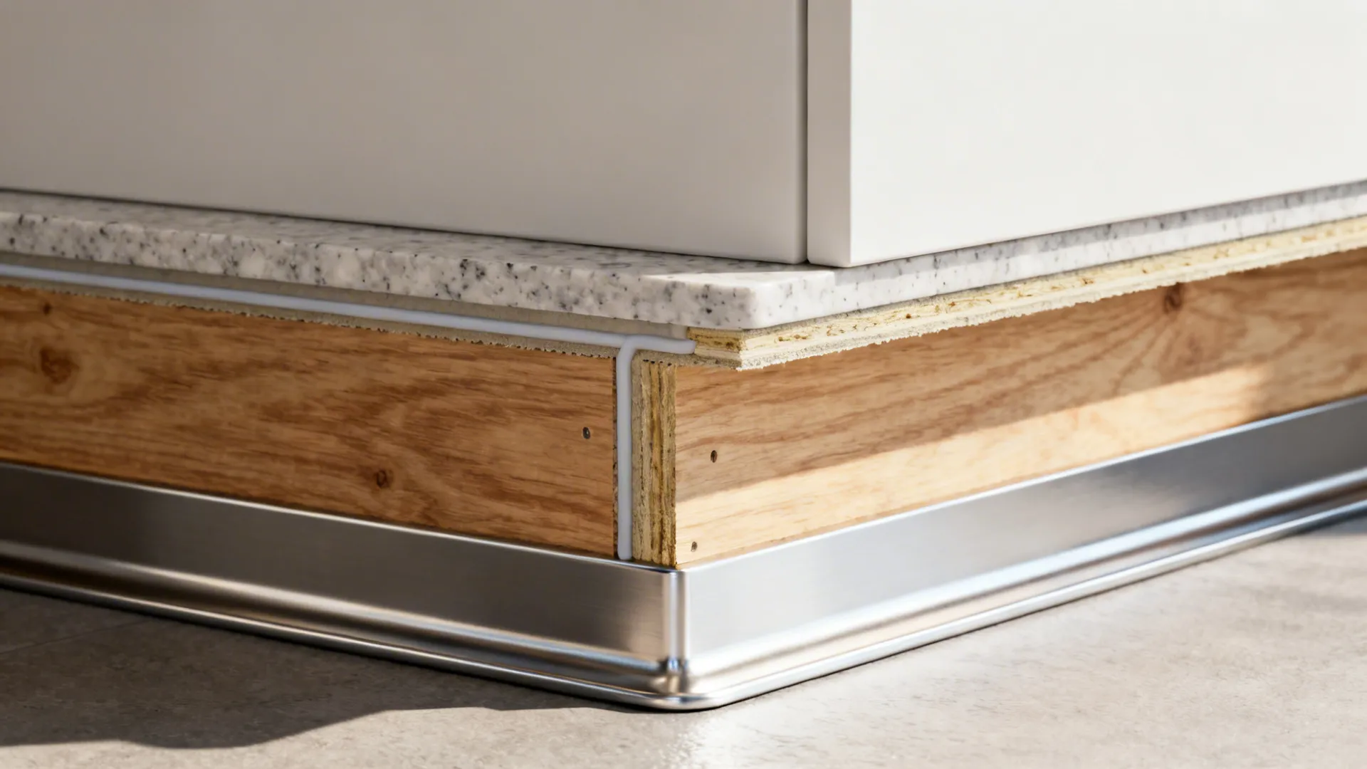 Macro cross-section of PVC carcass, BWP plywood base, stainless skirting, and quartz counter at sink area.
