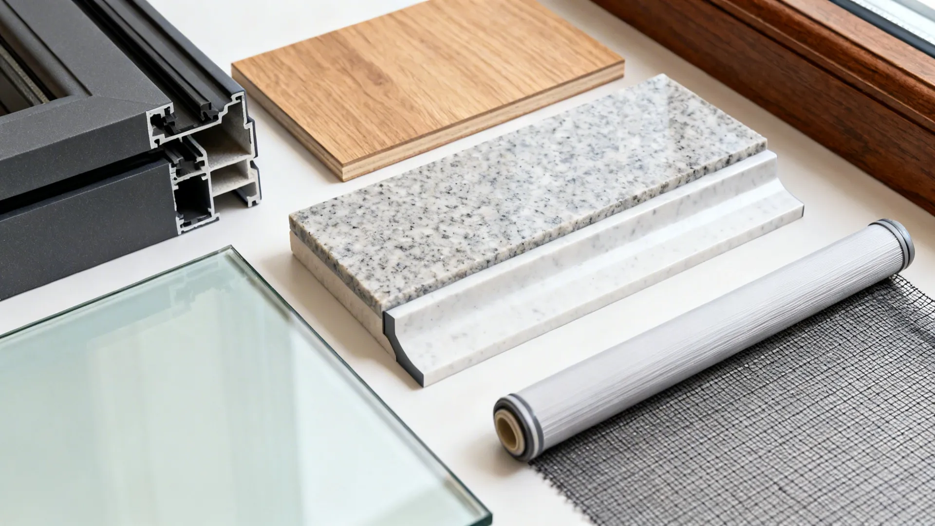 Flat lay showing composite frames, quartz sill samples, low-E glass, and shade fabric.