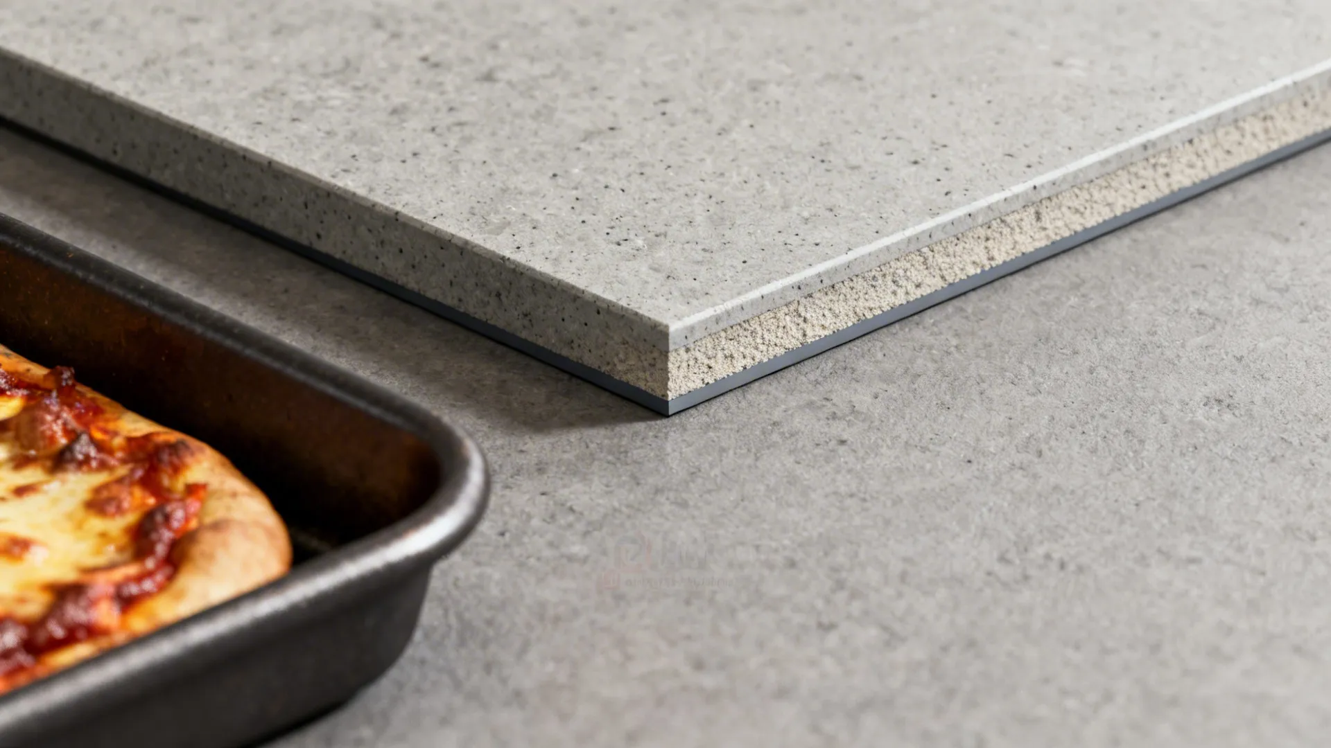 Macro of thin sintered stone edge with concrete-like texture and chamfer.
