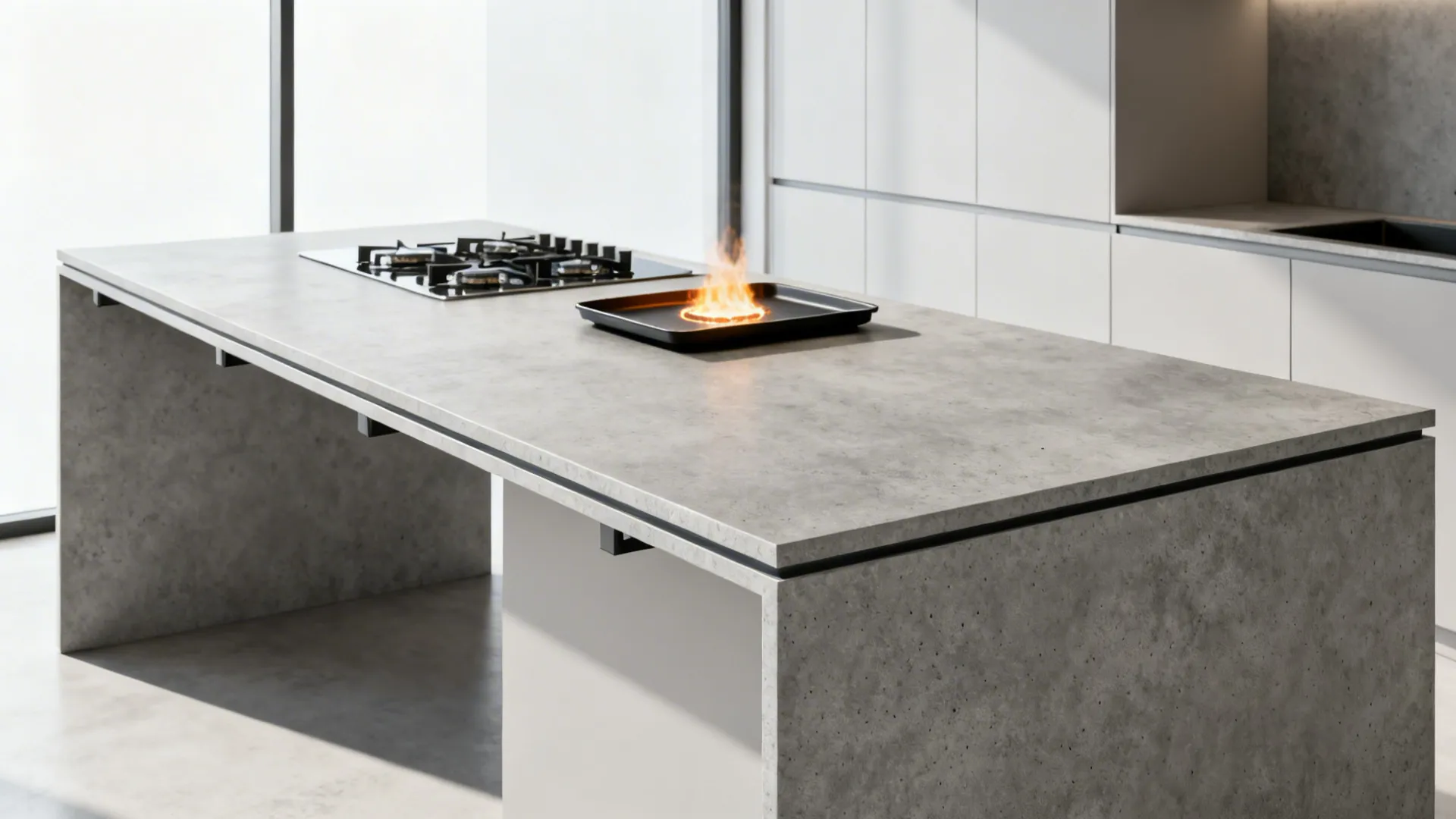 Slim 12 mm sintered stone floating peninsula in a modern micro kitchen.