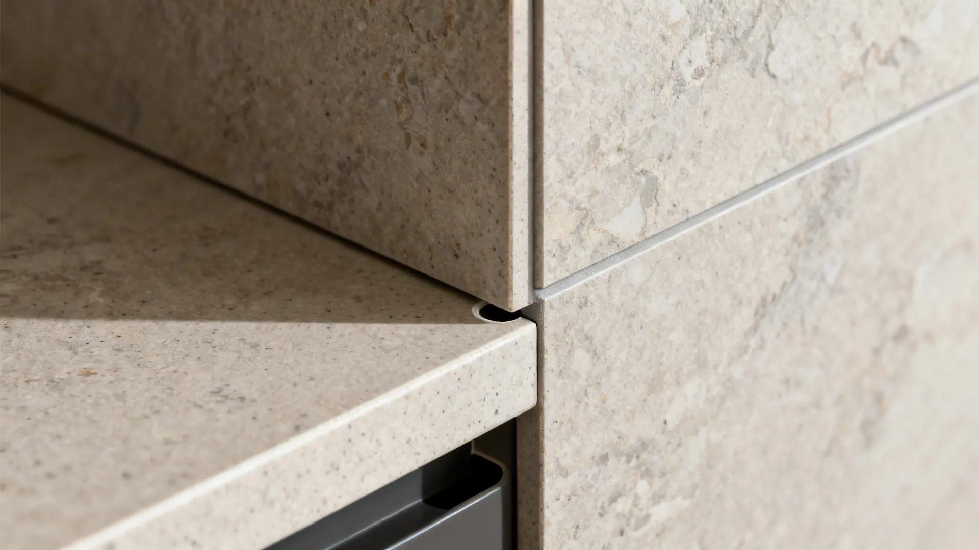 Macro of thin sintered slab backsplash edge and precise socket cutout.